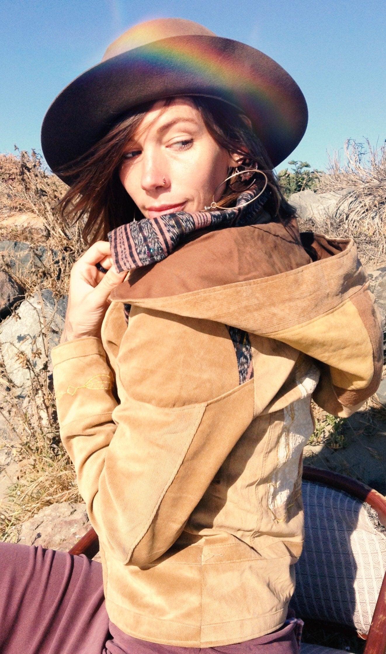 Golden Tone Handmade Biker Style Jacket with Zip Off Hood and Embroidery