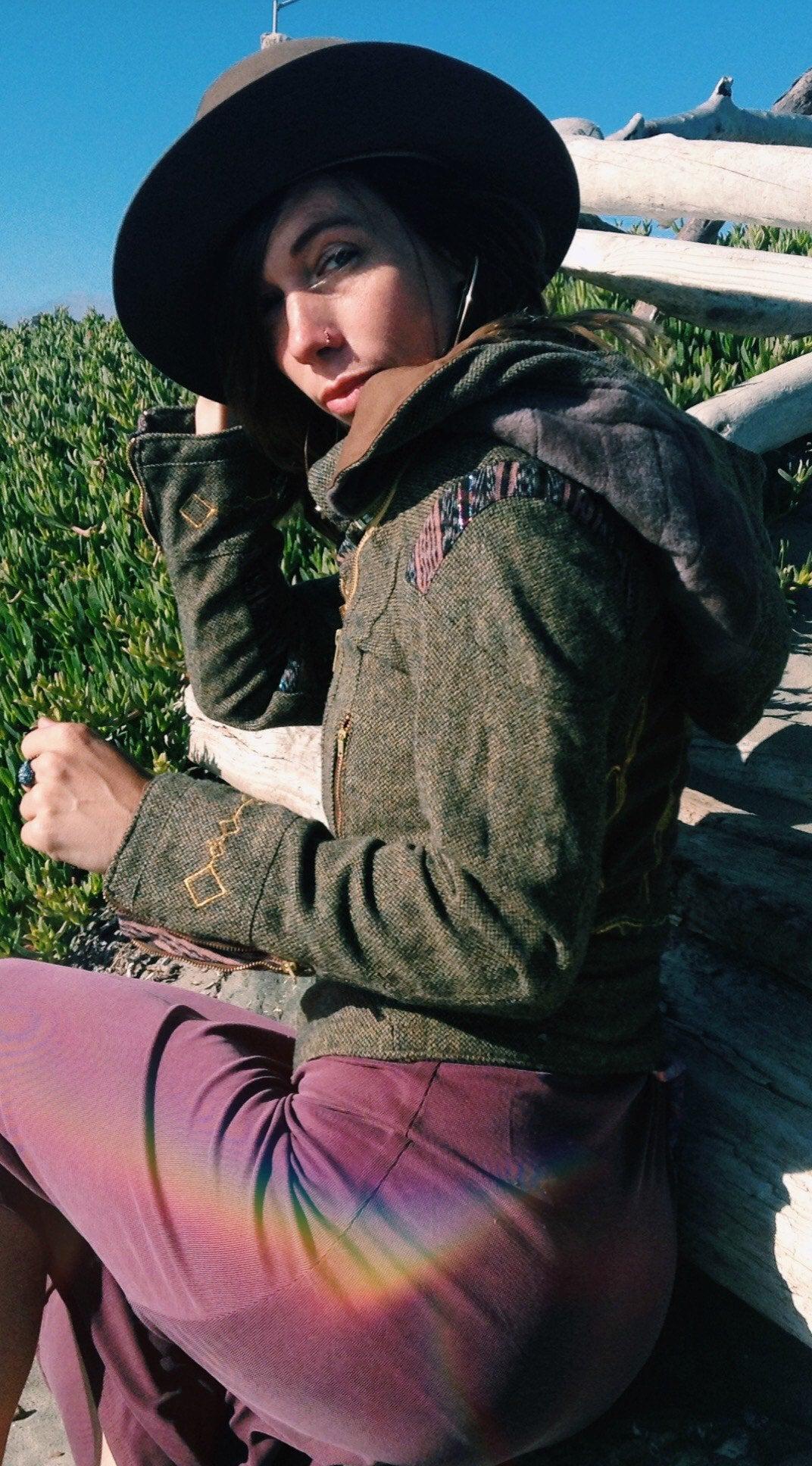 Grey Tweed Handmade Biker Style Jacket with Zip Off Hood and Embroidery