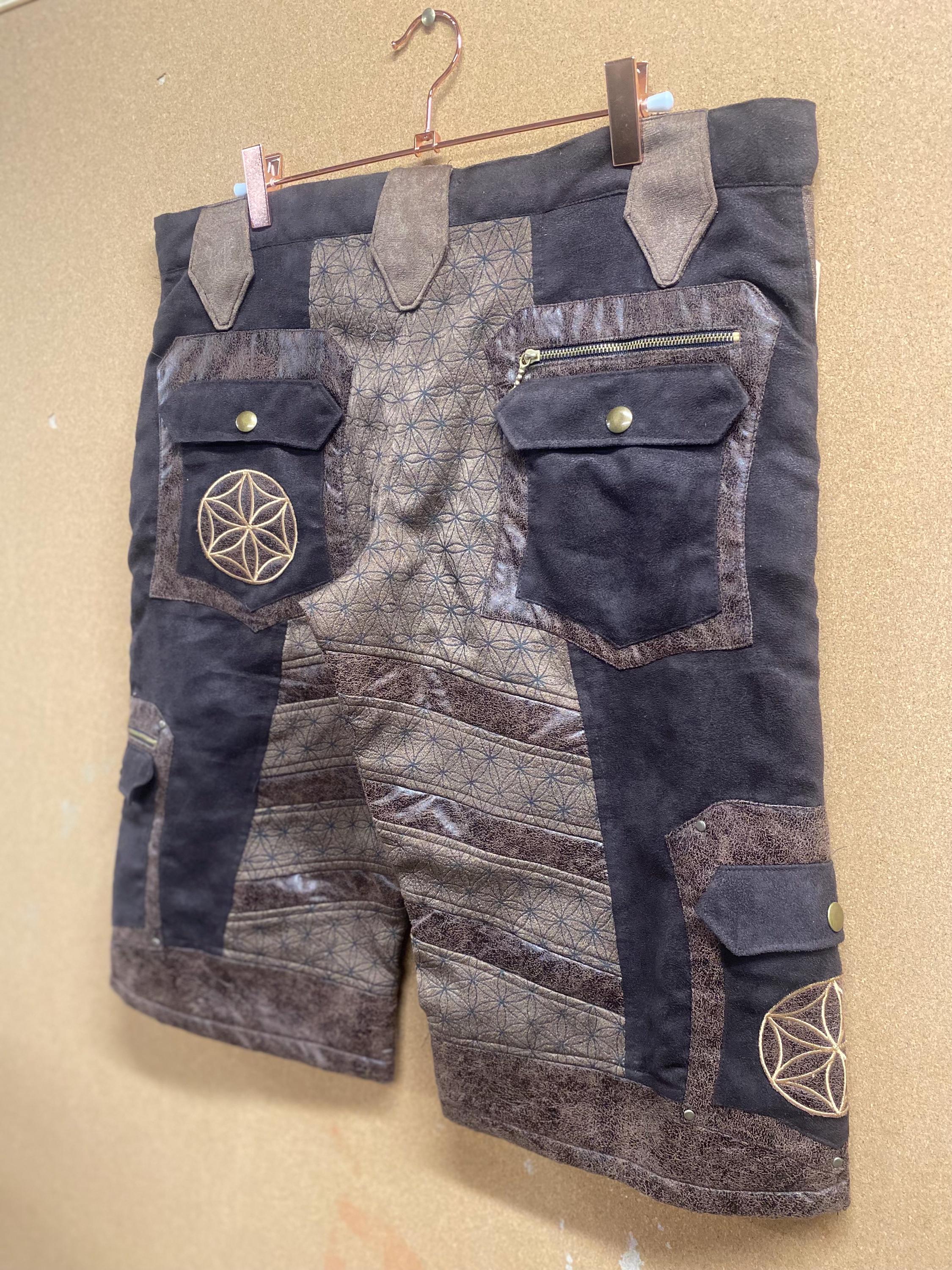 Men’s Upcycled Suede Shorts with Flower of Life in Brown Suede with Embroidery and Screenprint