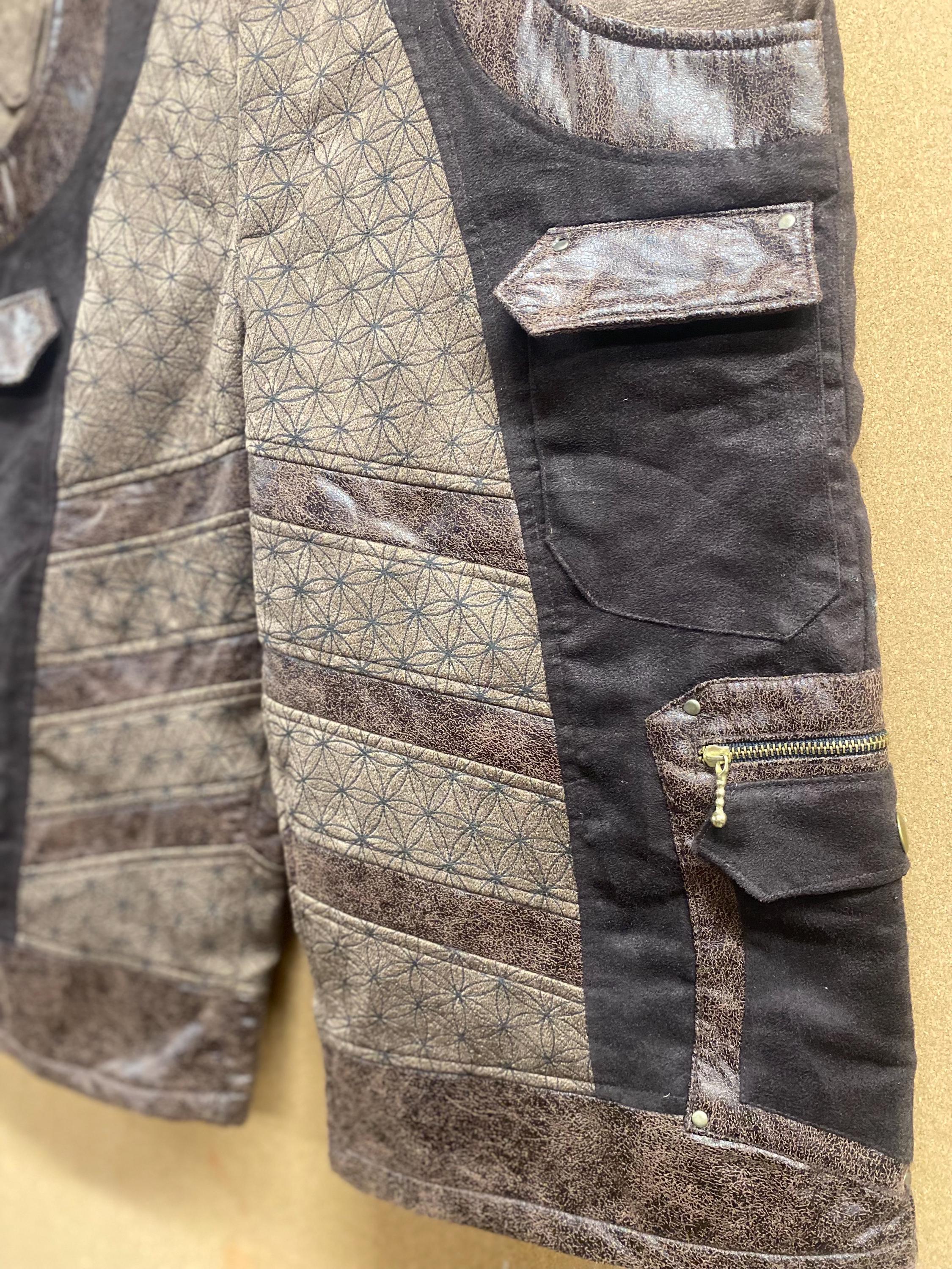Men’s Upcycled Suede Shorts with Flower of Life in Brown Suede with Embroidery and Screenprint