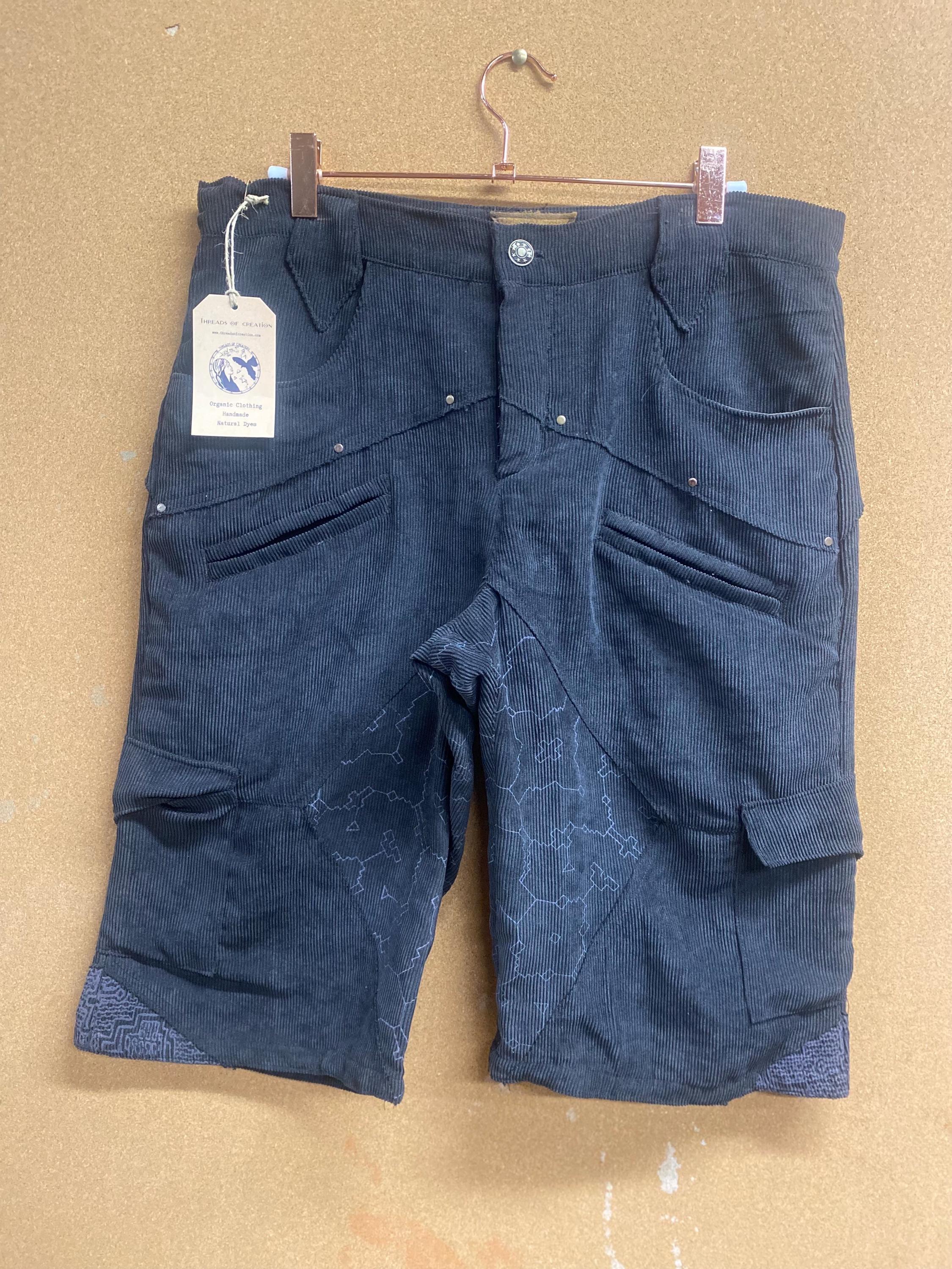 Mens Upcycled Corduroy Shorts with Shipibo Print in Grey Size M OOAK