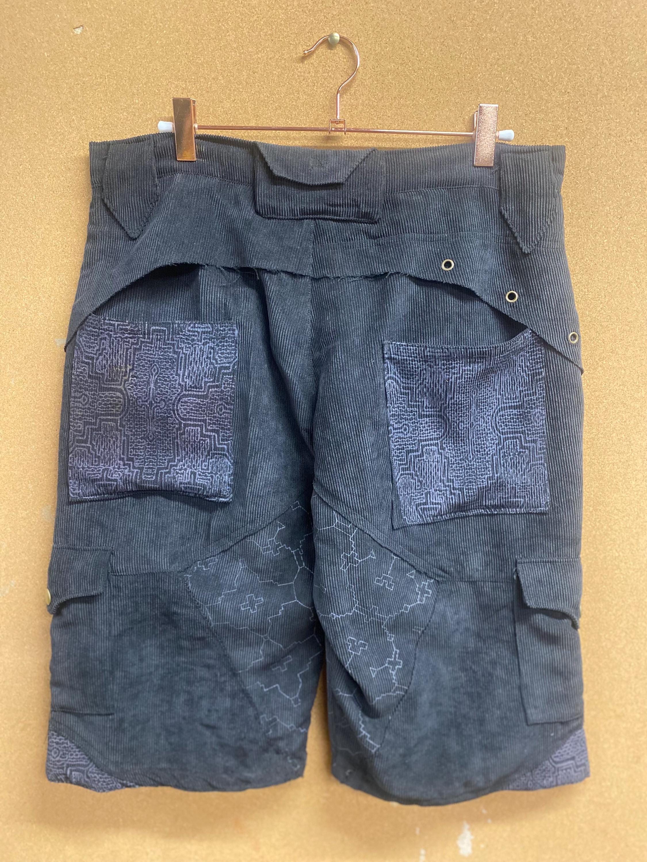 Mens Upcycled Corduroy Shorts with Shipibo Print in Grey Size M OOAK