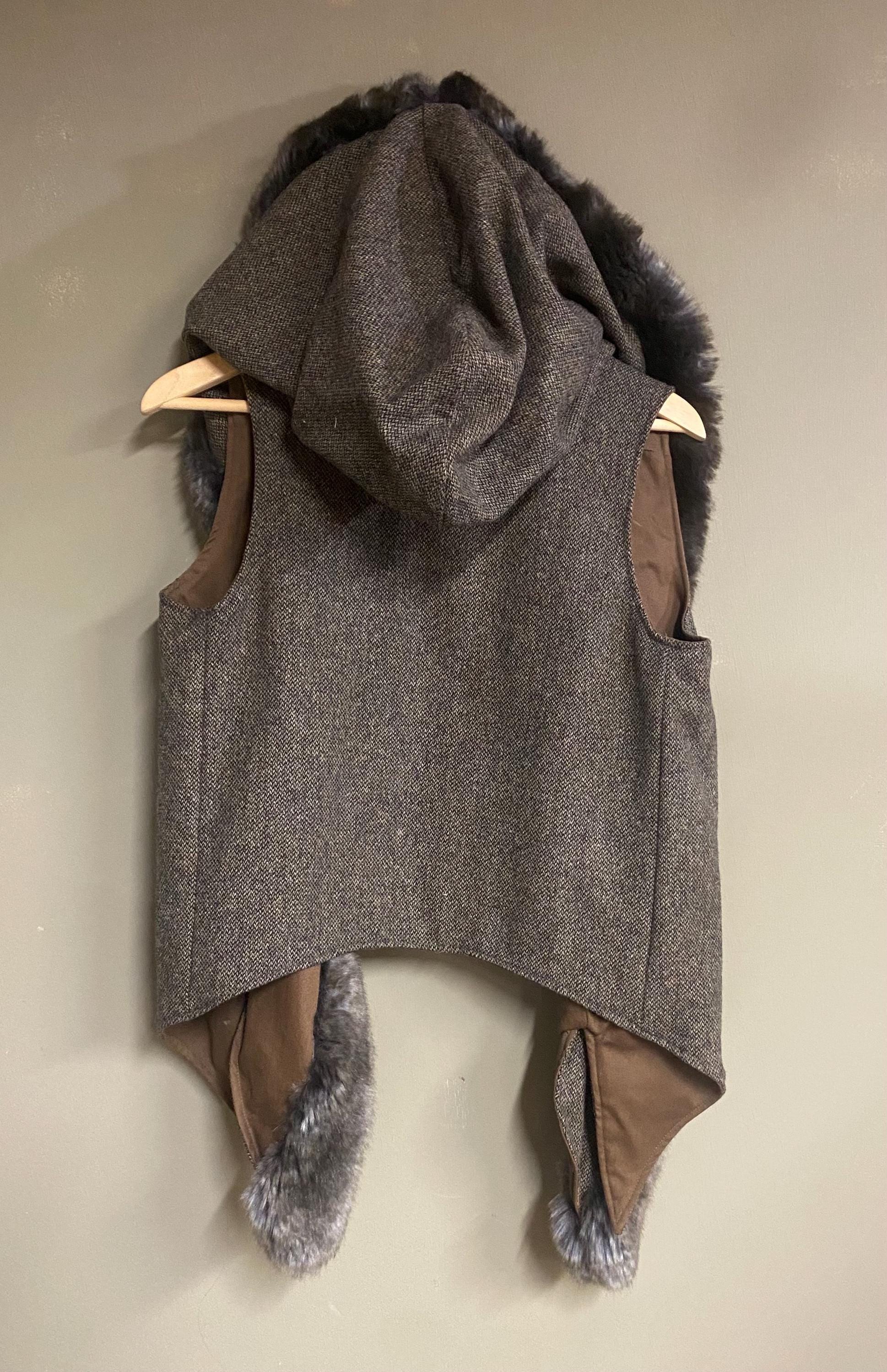 Grey Tweed Hooded Cape Vest with Faux Fur Trim, Handmade Hooded Vest, Boho Layering Piece, Threads of Creation Capsule