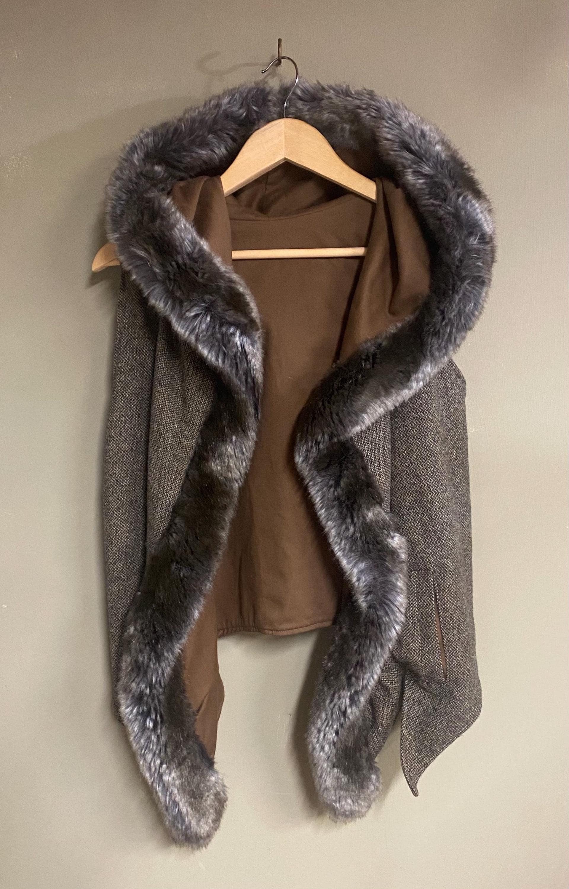 Grey Tweed Hooded Cape Vest with Faux Fur Trim, Handmade Hooded Vest, Boho Layering Piece, Threads of Creation Capsule
