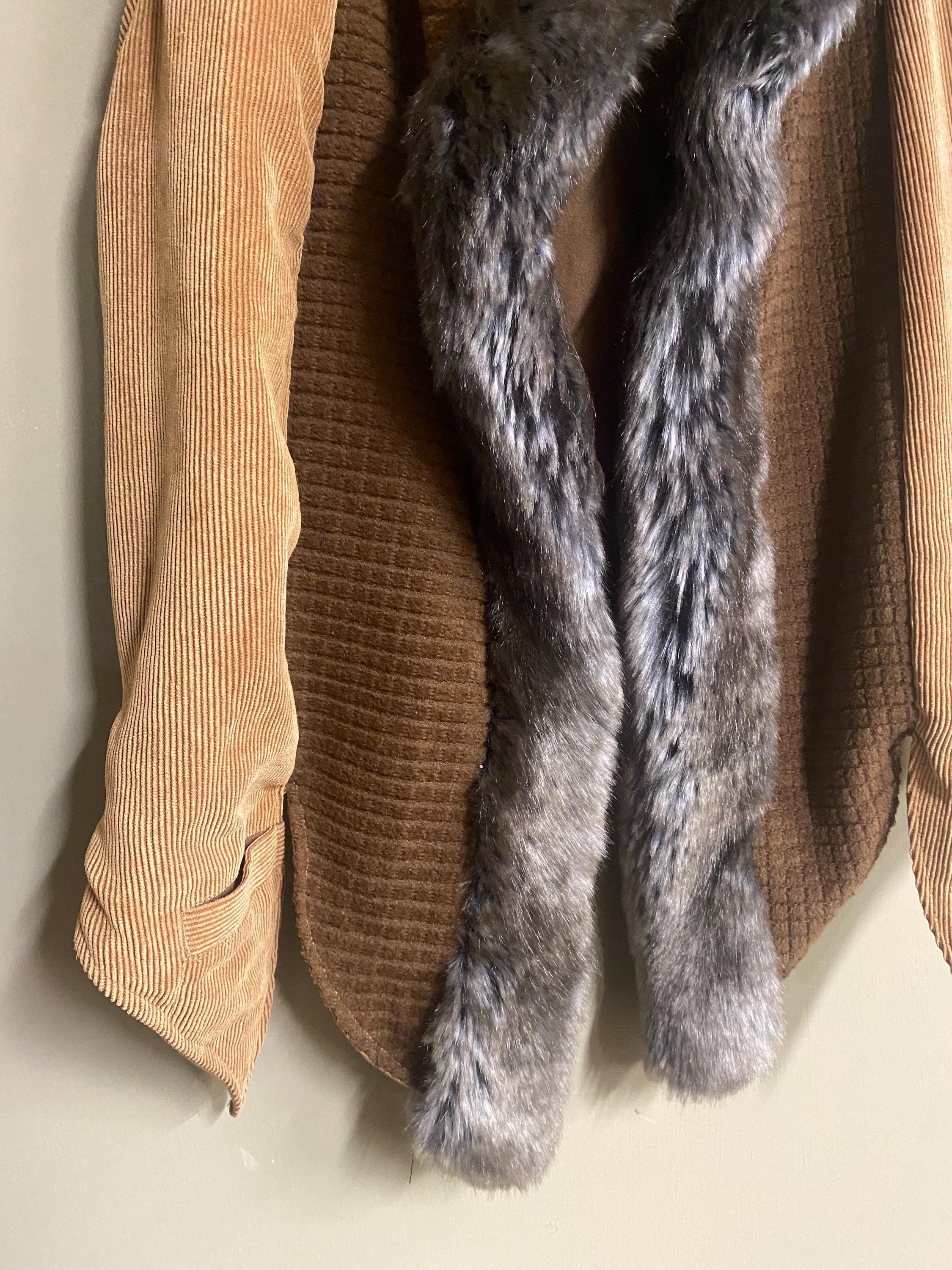 Long Hooded Fur Edged Vest in Beige Corduroy and Brown Squares