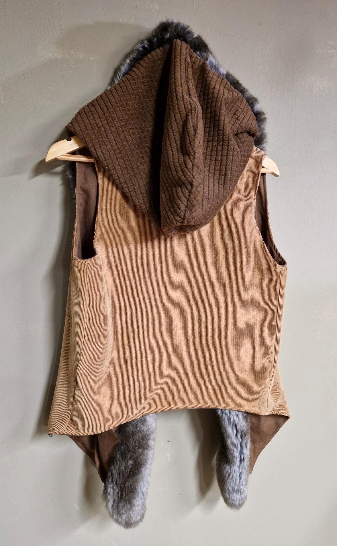 Long Hooded Fur Edged Vest in Beige Corduroy and Brown Squares