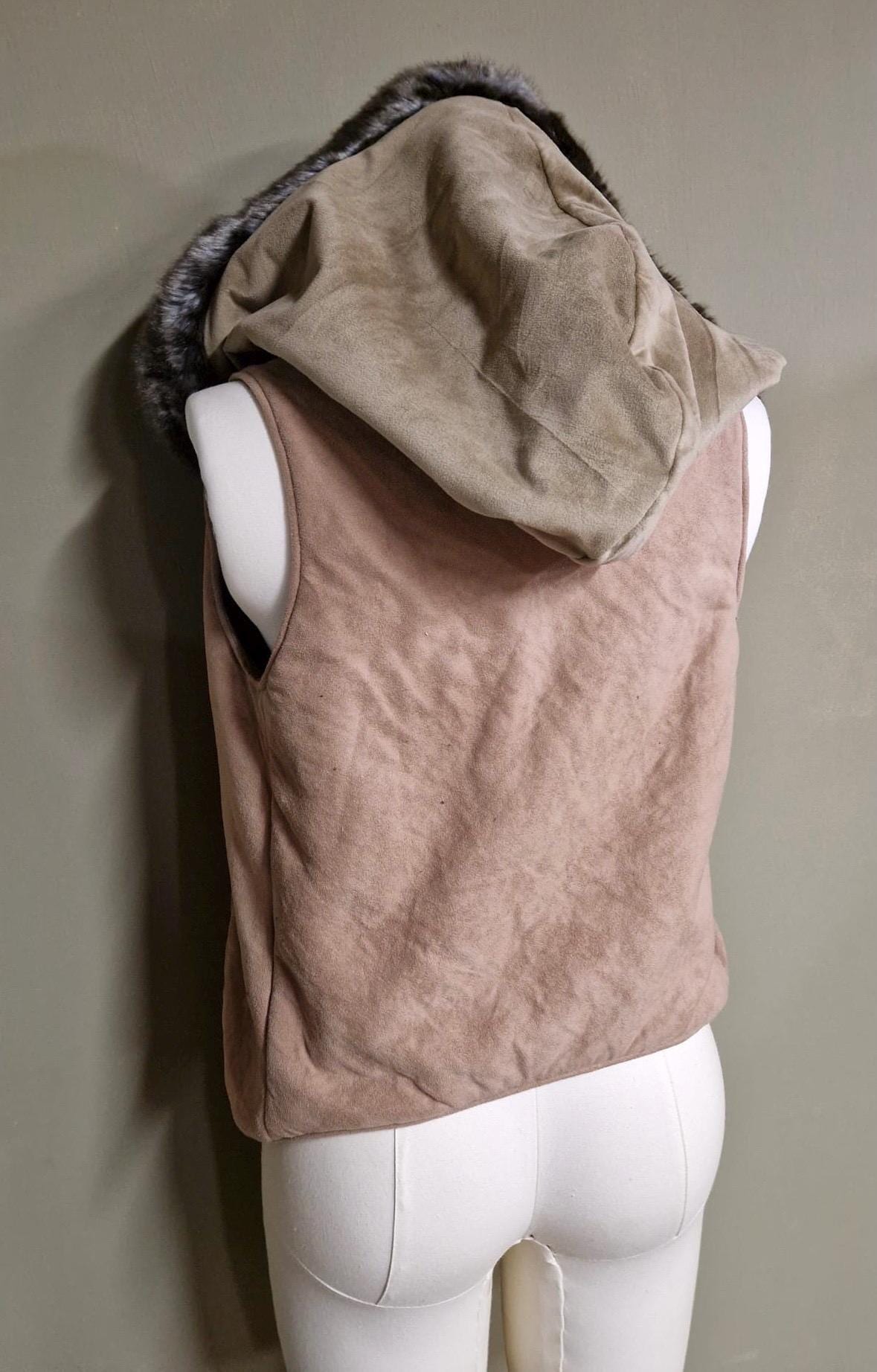 Threads of Creation Upcycled Suede Hooded Vest Faux Fur Trim Handmade Hooded Cape Vest Artisan Layering Piece