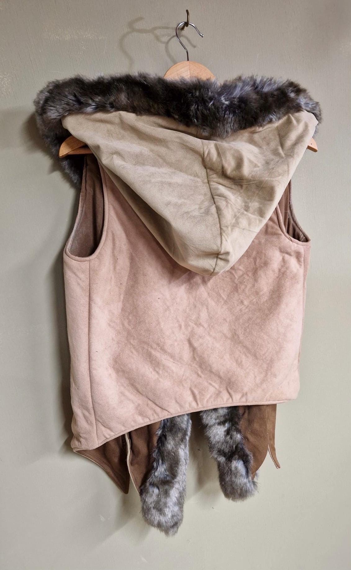 Threads of Creation Upcycled Suede Hooded Vest Faux Fur Trim Handmade Hooded Cape Vest Artisan Layering Piece
