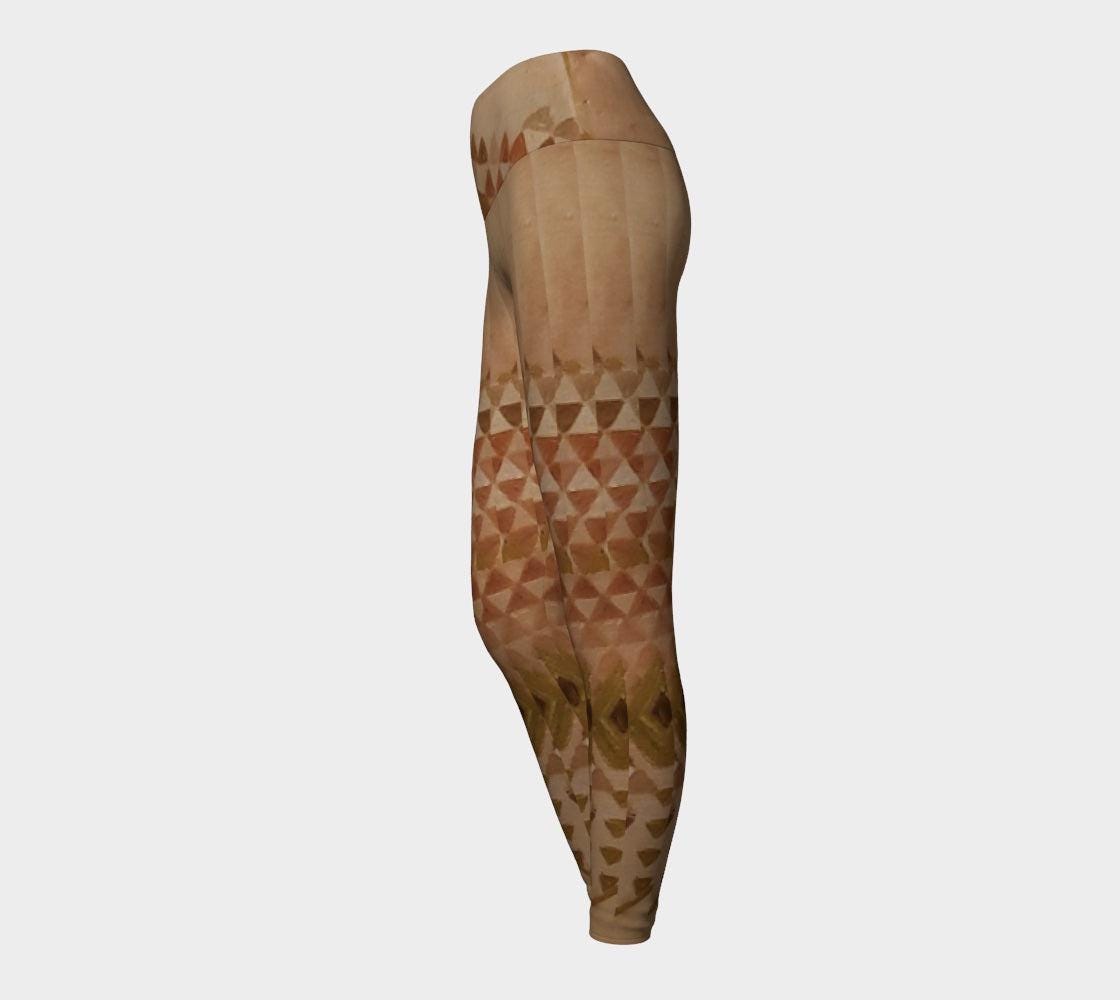 peace pipe yoga legging side - shades of pink and triangles