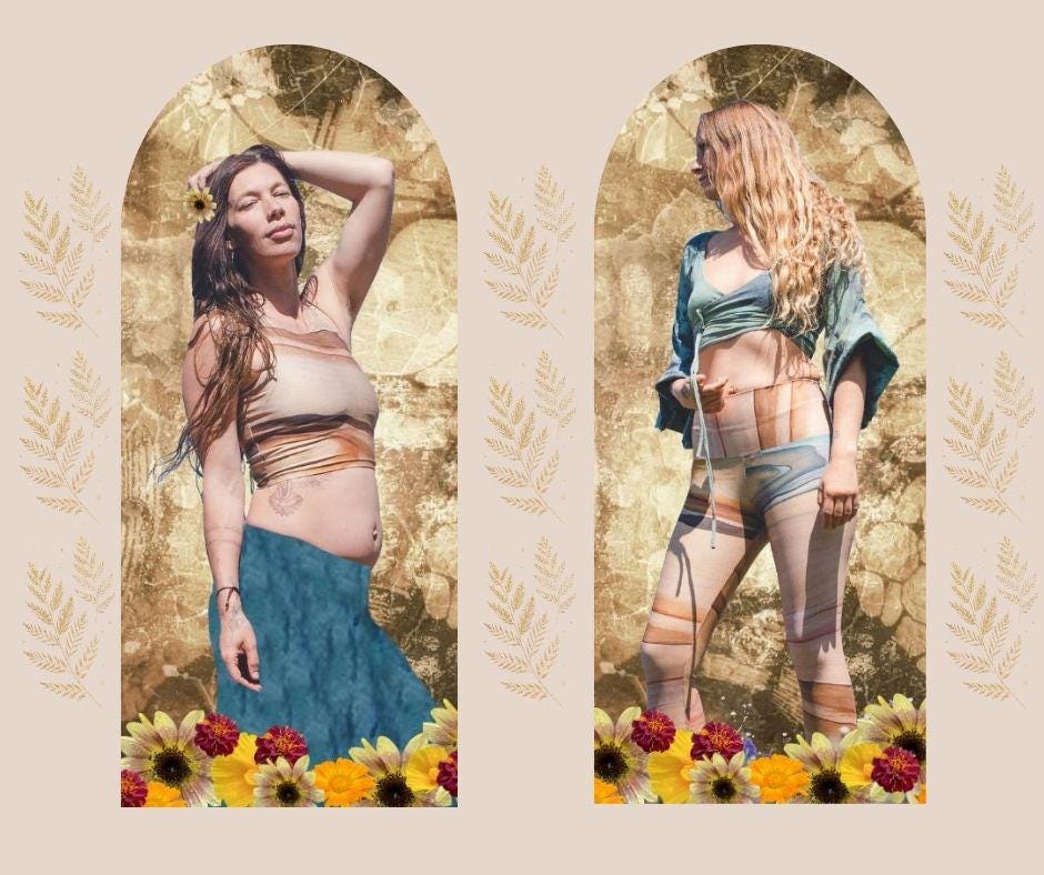 2 women wearing a Yoga set in shades of brown blue and pink with a natural elemental design on them following the wood grain