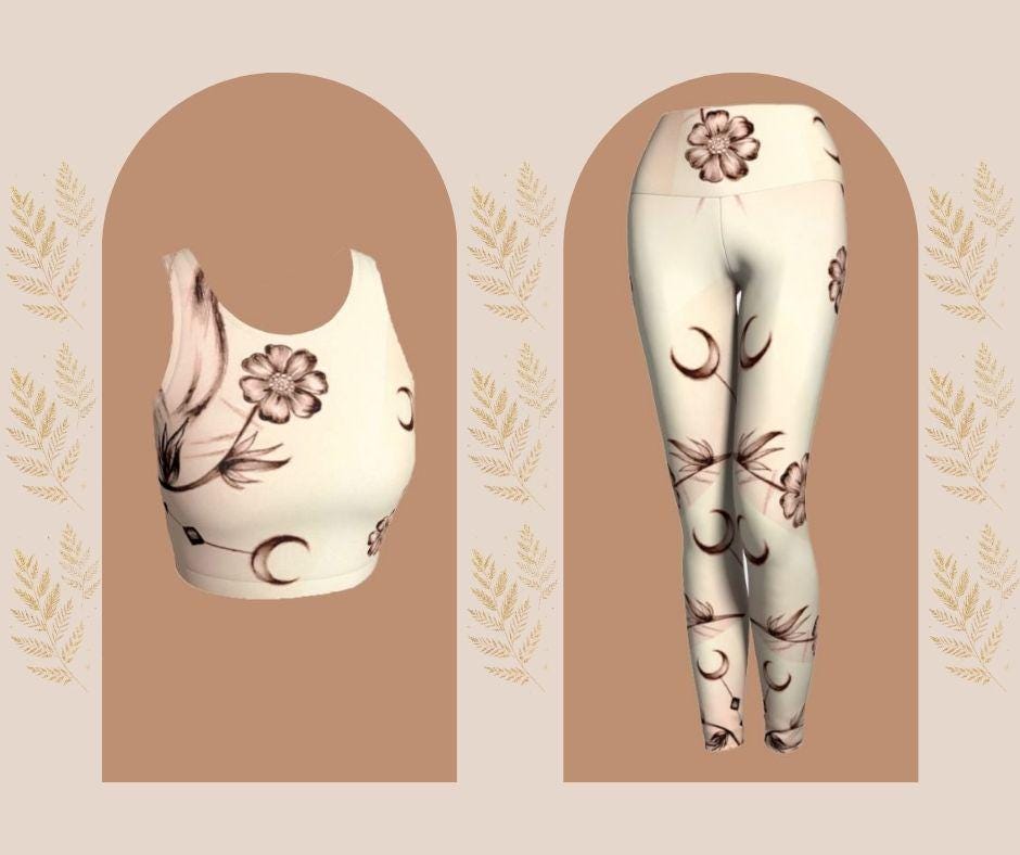 Black and white yoga set with flower and crescent moon design on them