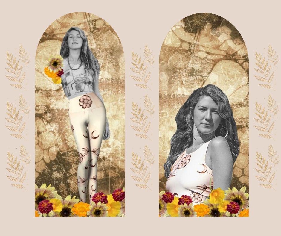 woman wearing Black and white yoga set with flower and crescent moon design on them