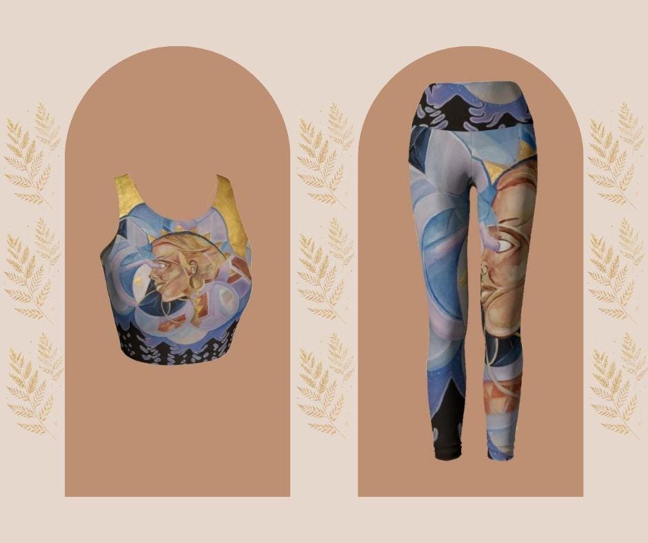 Yoga set in purple and blue hues with profile of a woman face in gold and tan and geometric designs
