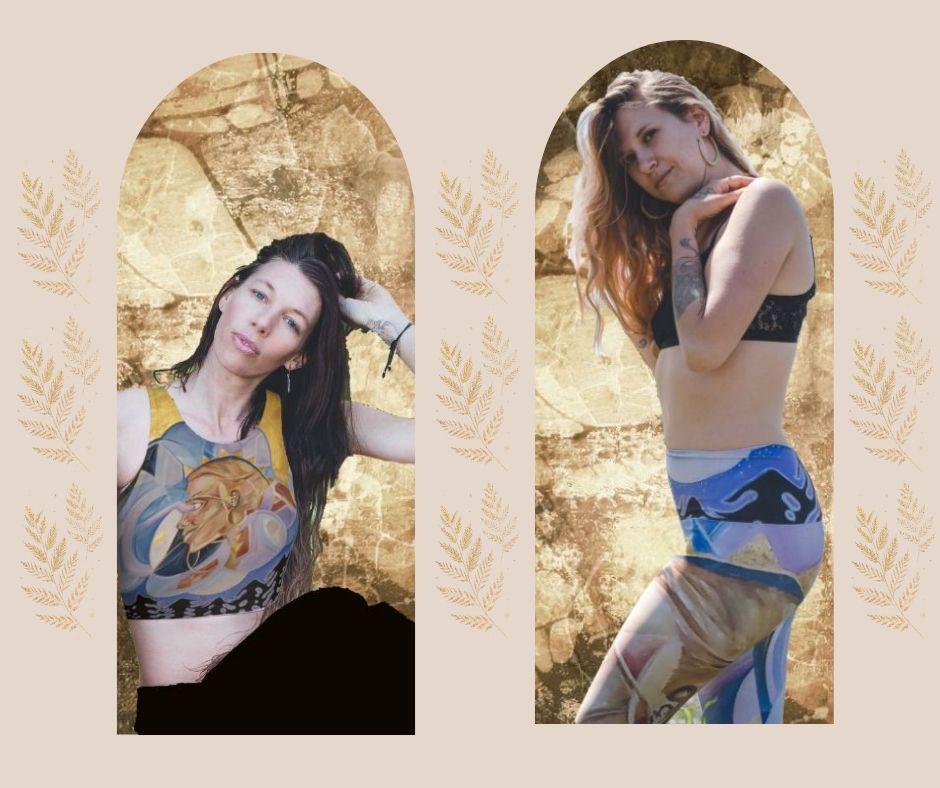 models wearing Yoga set in purple and blue hues with profile of a woman face in gold and tan and geometric designs