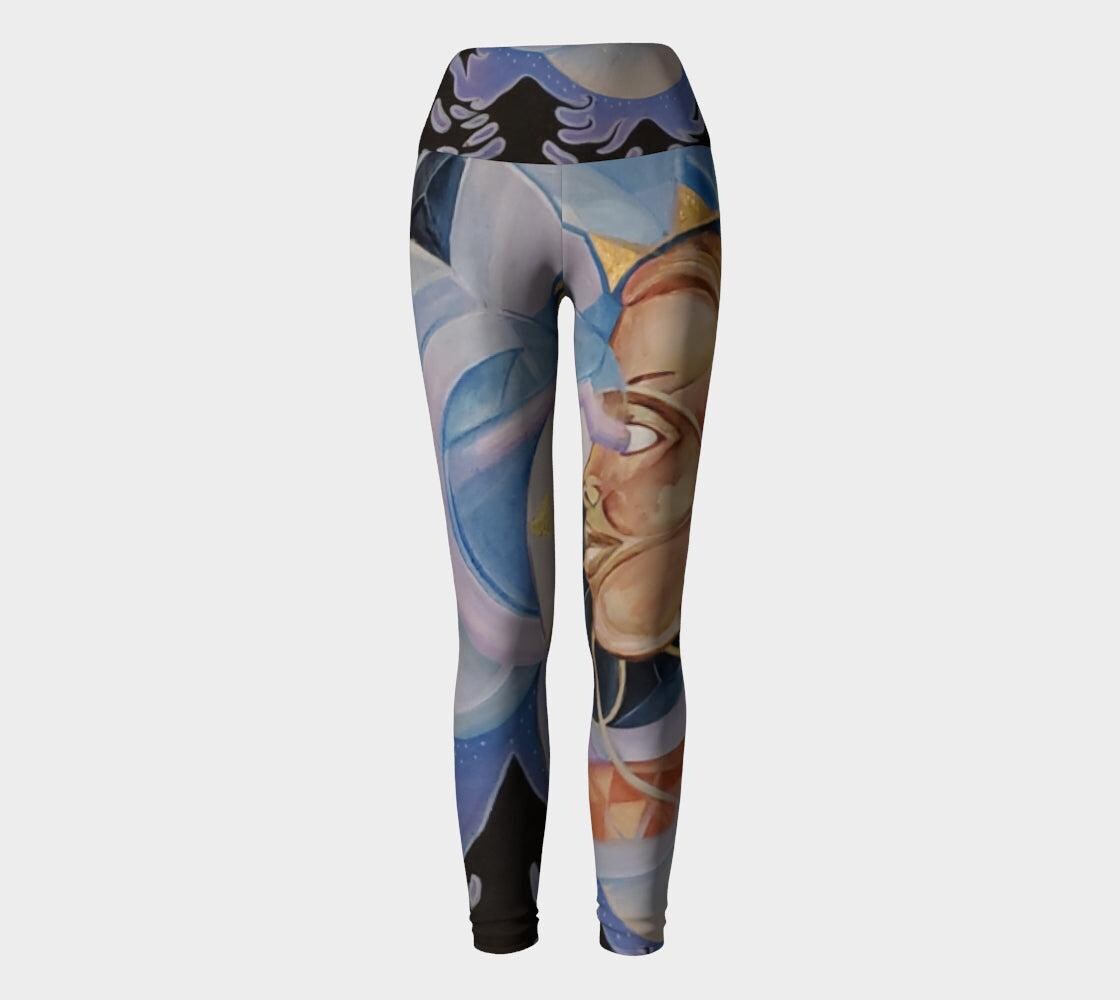 Yoga leggings in purple and blue hues with profile of a woman face in gold and tan and geometric designs
