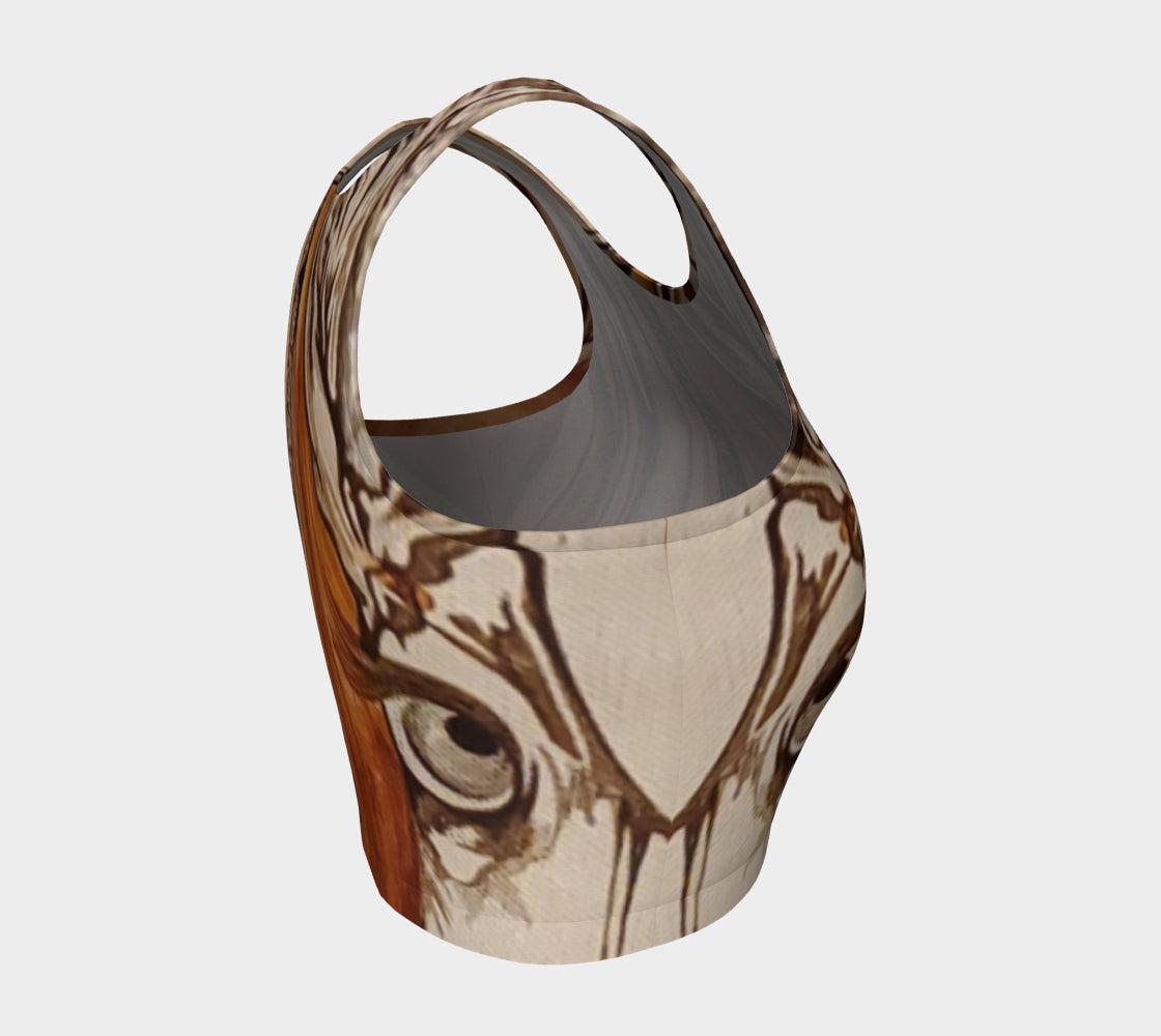 yoga top with a floral and tree ring pattern in beige, brown, and black colors.
