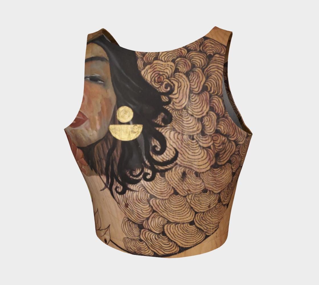 Yoga top of mushrooms painted in black lines and shades of brown and gold with a red flower and a womans face