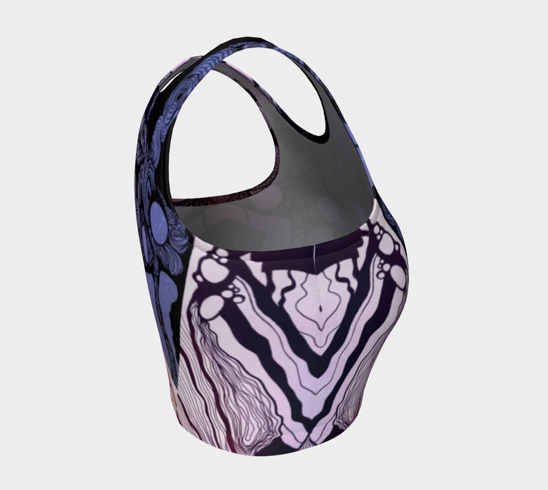 Yoga top in black blue and purple with back Lines and designs in the shape of moons and a woman next to a tree