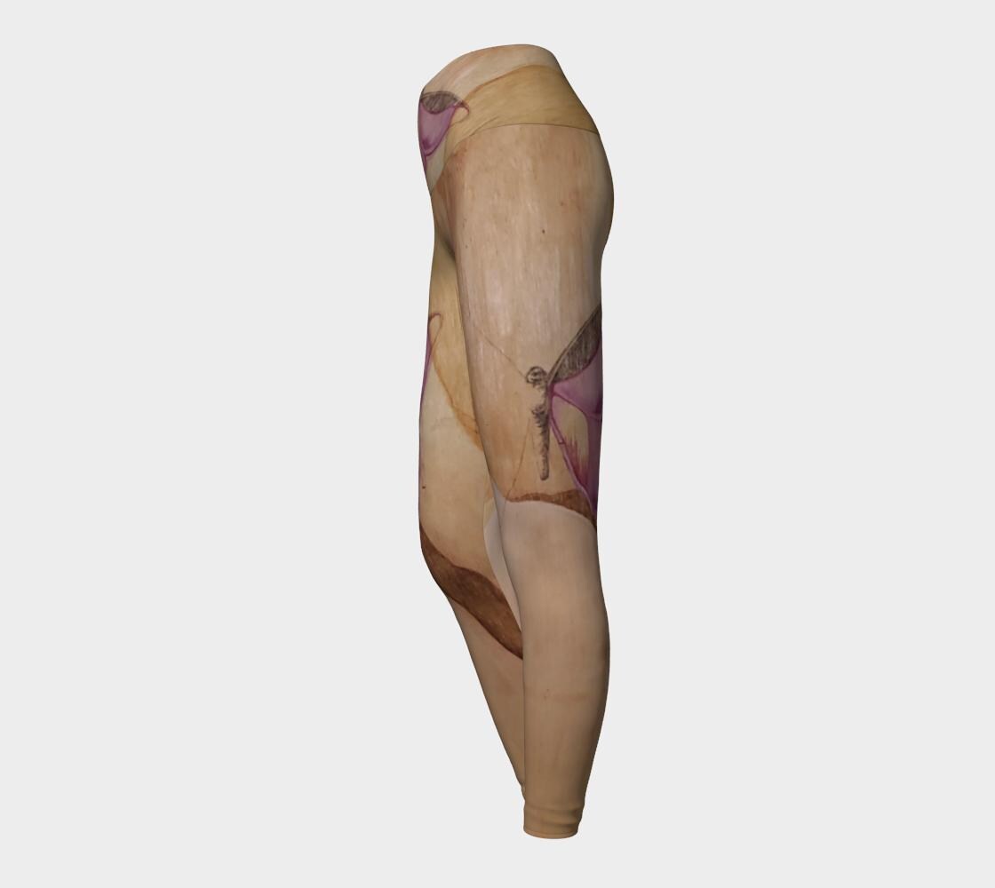 Yoga leggings with a wood grain and purple butterfly design on them