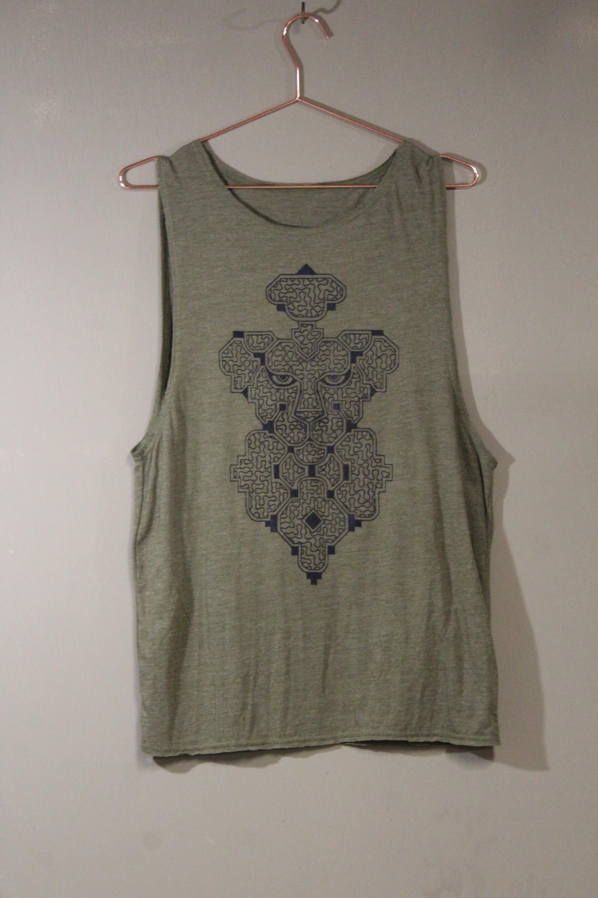 Mens Tank Top in Green with Shipibo Jaguar Screenprint 100% Cotton