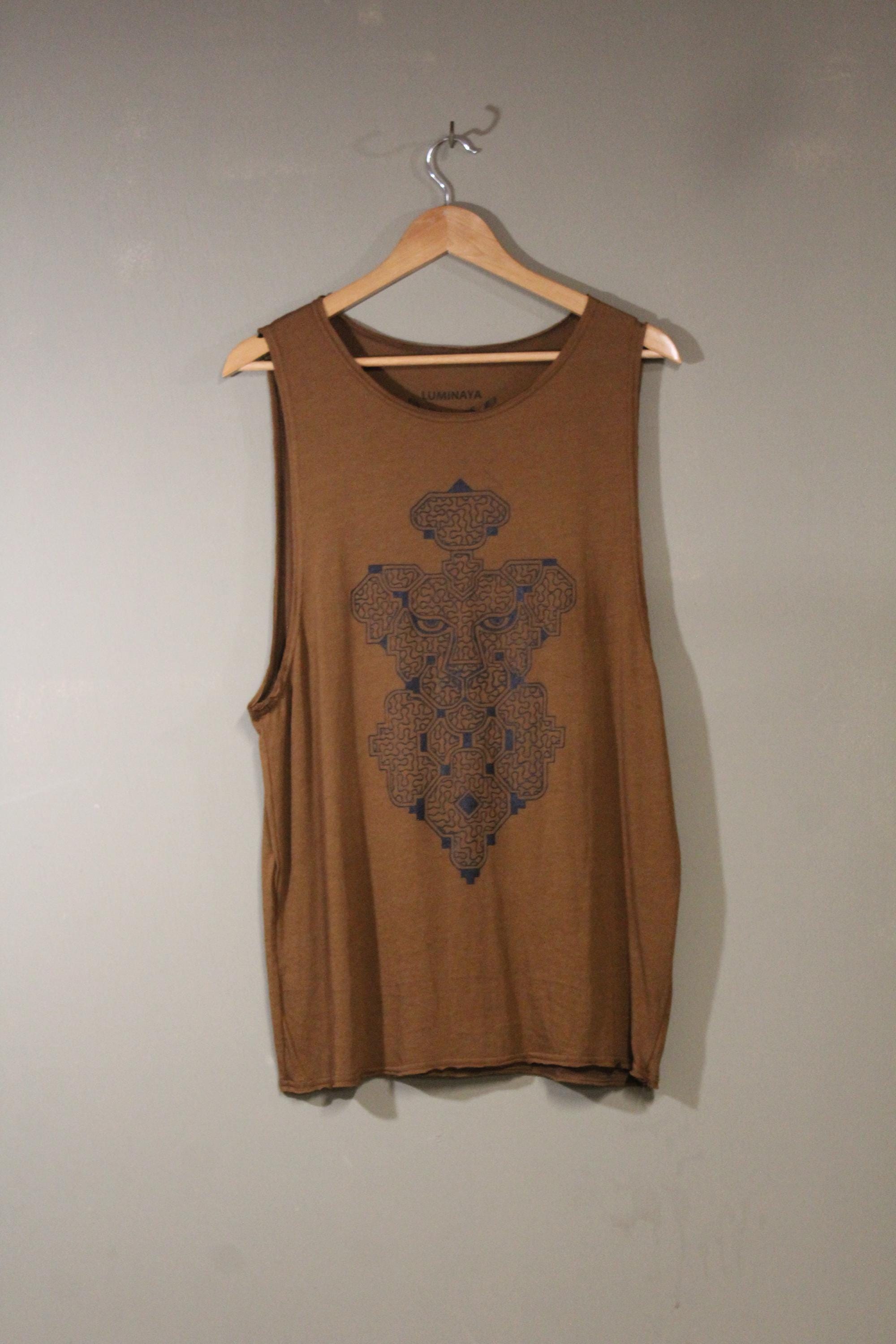 Mens Tank Top in Copper with Shipibo Jaguar Face Screenprint 100% Cotton Sustainable