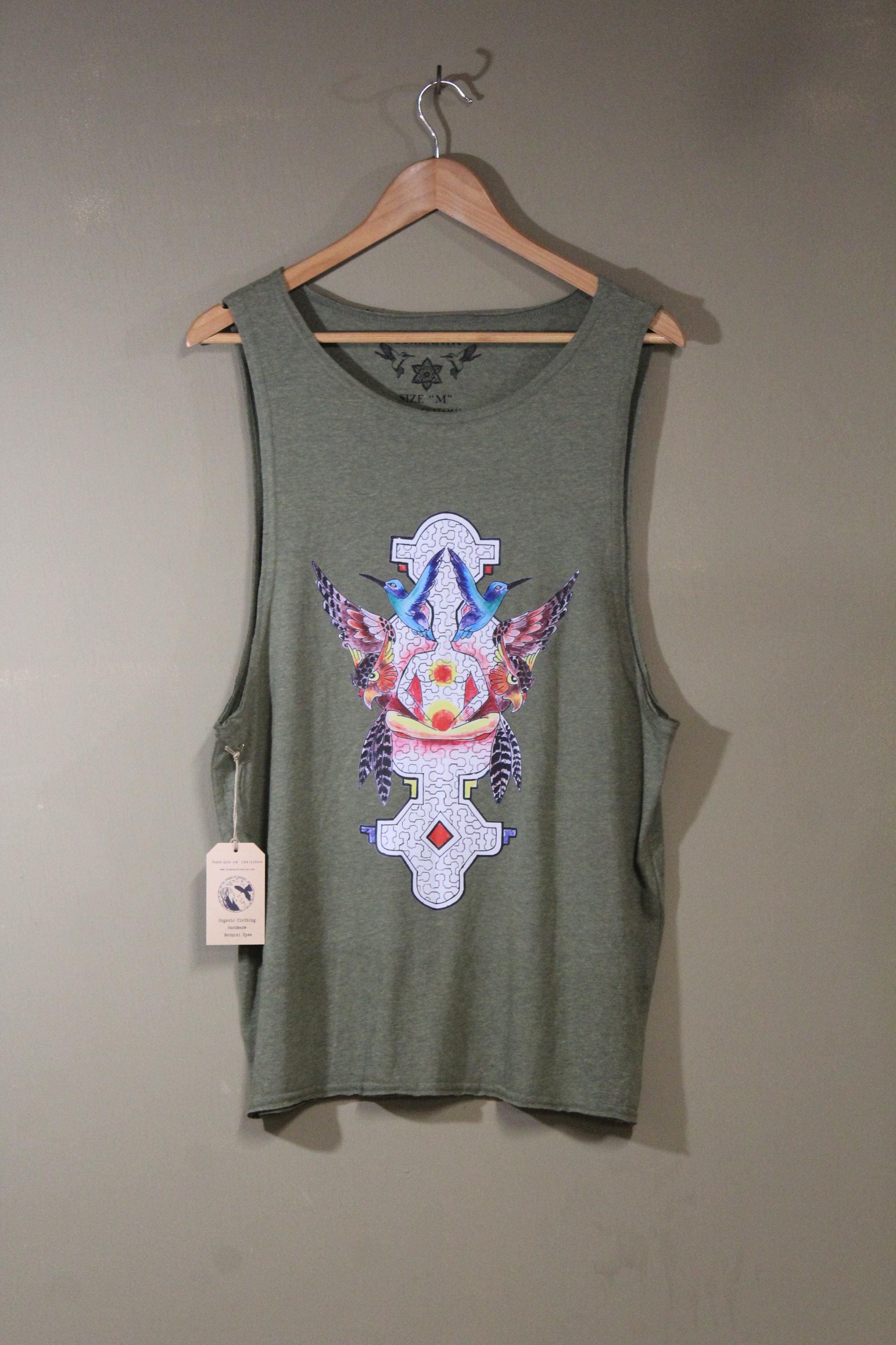 Mens Tank Top in Green with Hummingbird Sacred Geometry Screenprint 100% Cotton Sustainable
