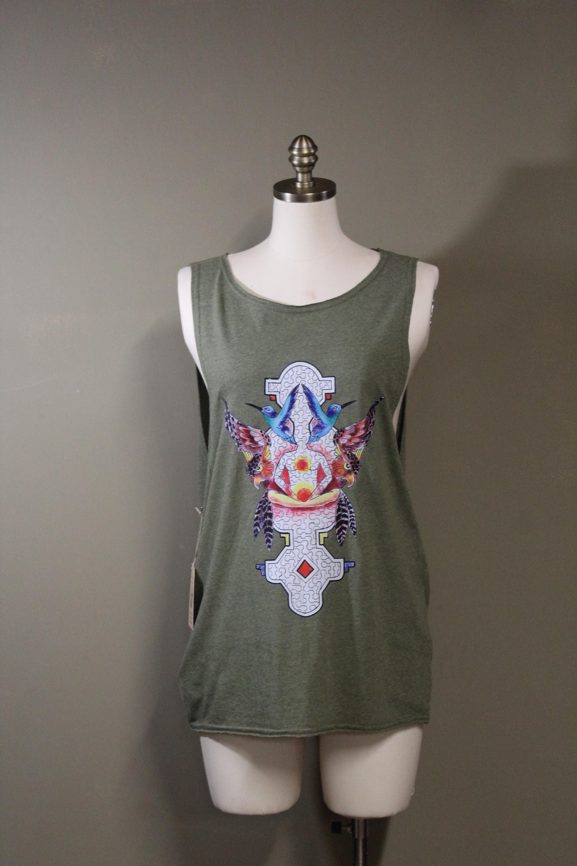 Mens Tank Top in Green with Hummingbird Sacred Geometry Screenprint 100% Cotton Sustainable