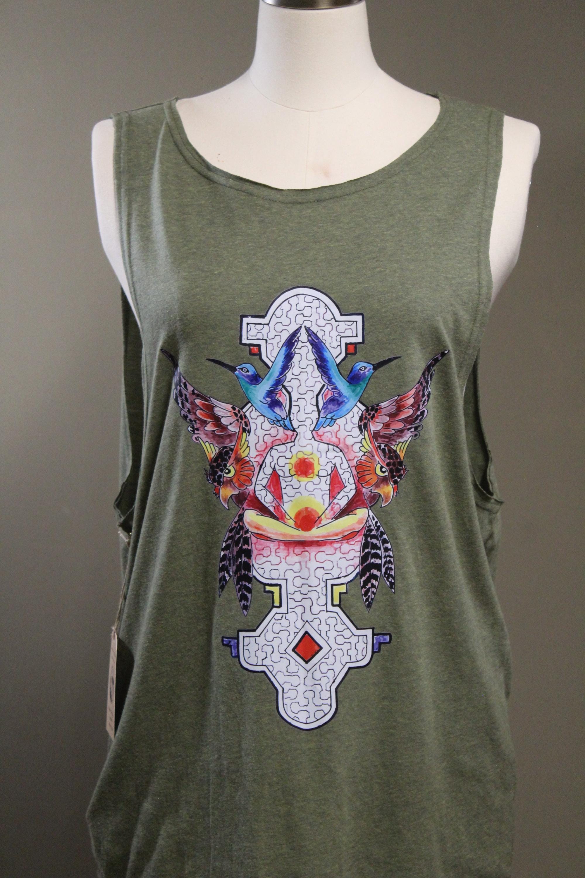 Mens Tank Top in Green with Hummingbird Sacred Geometry Screenprint 100% Cotton Sustainable