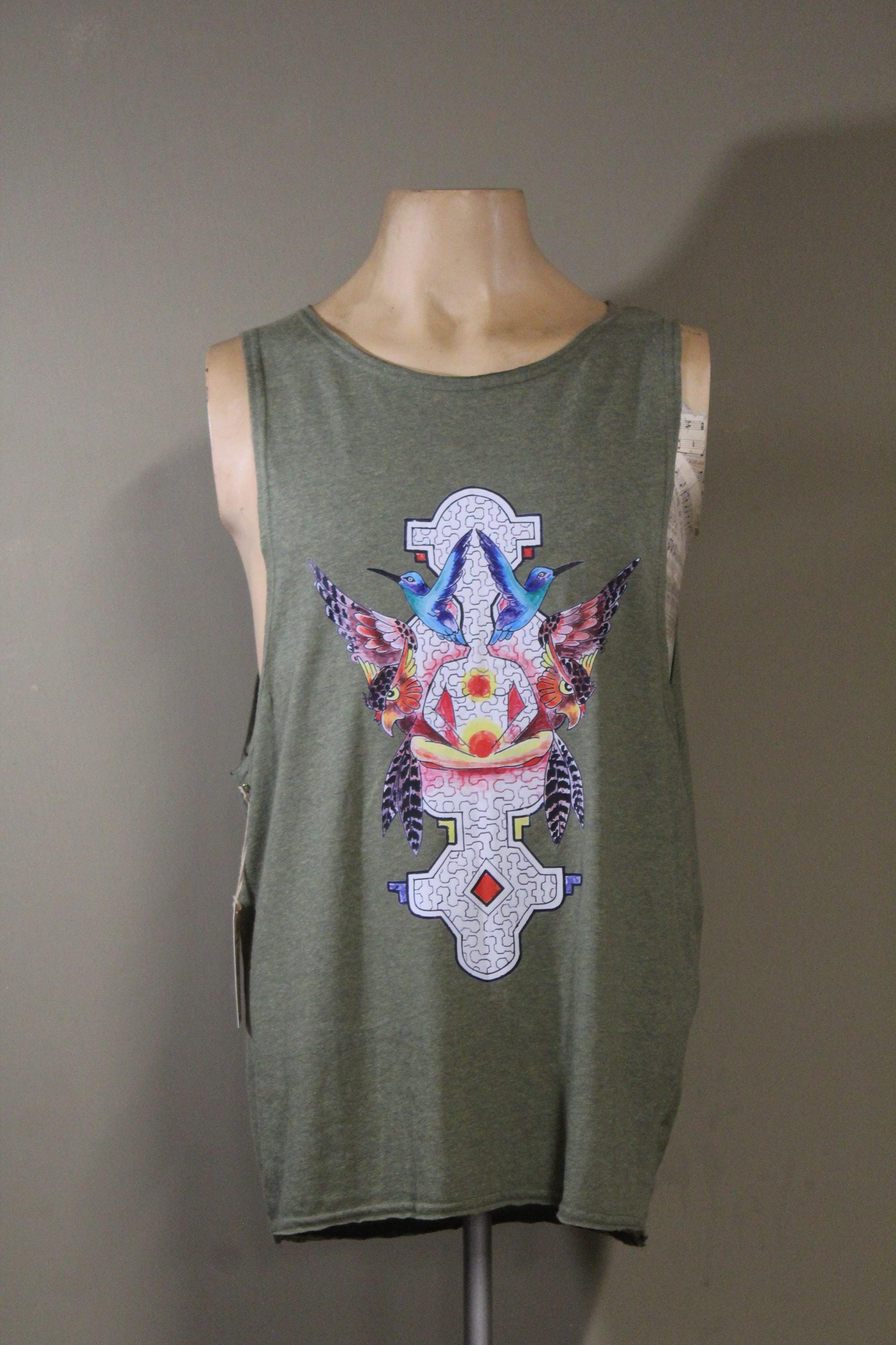 Mens Tank Top in Green with Hummingbird Sacred Geometry Screenprint 100% Cotton Sustainable