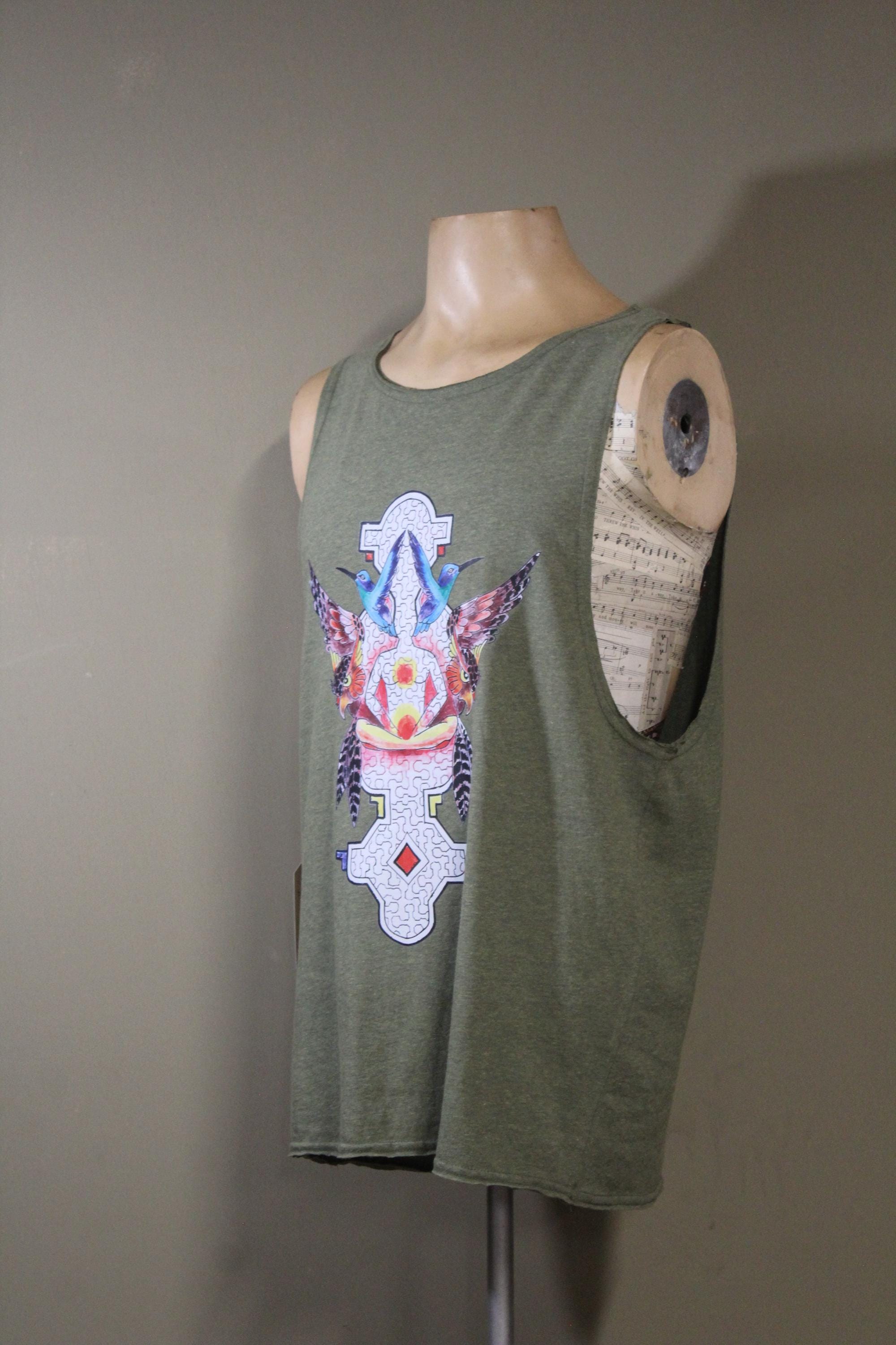 Mens Tank Top in Green with Hummingbird Sacred Geometry Screenprint 100% Cotton Sustainable