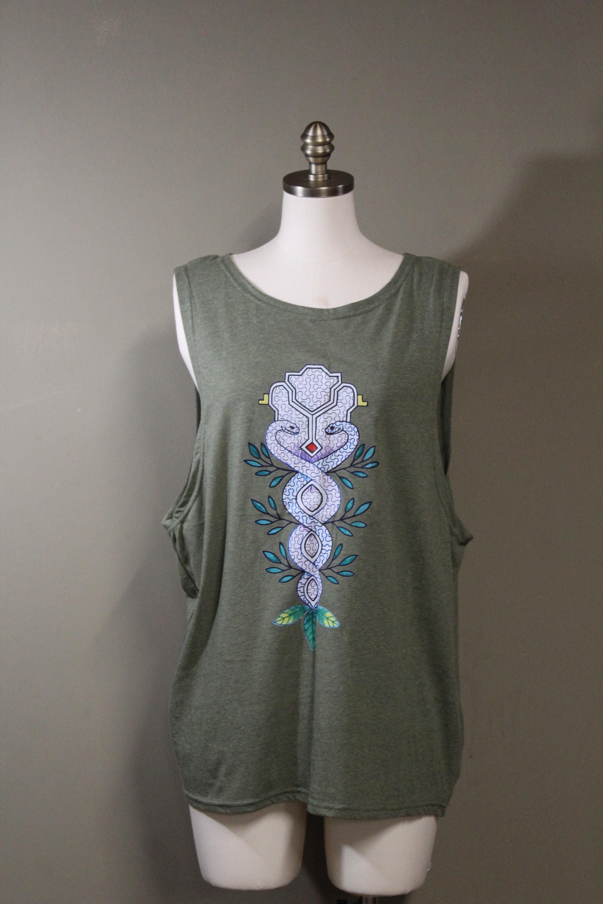 Mens Tank Top in Green with Colored Sacred Serpent Screenprint 100% Cotton Sustainable