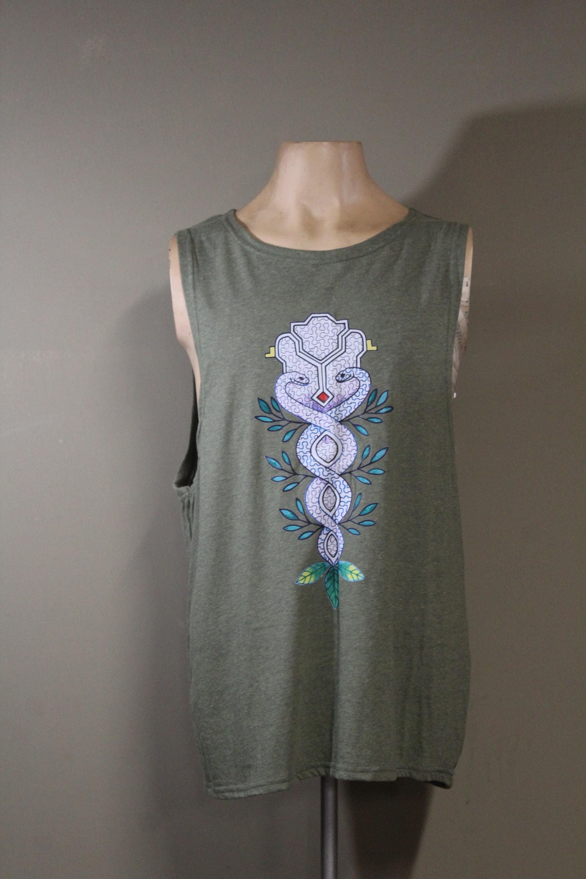 Mens Tank Top in Green with Colored Sacred Serpent Screenprint 100% Cotton Sustainable