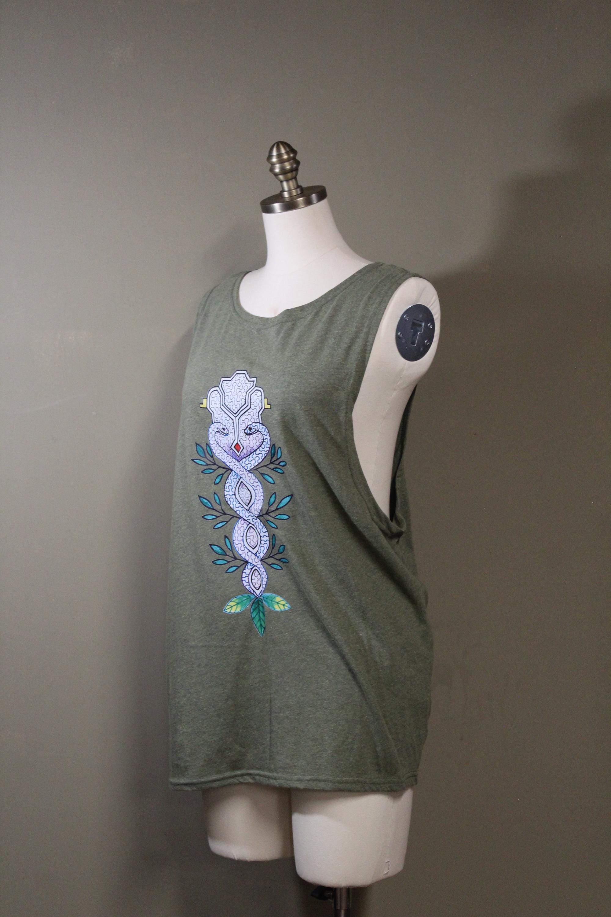 Mens Tank Top in Green with Colored Sacred Serpent Screenprint 100% Cotton Sustainable