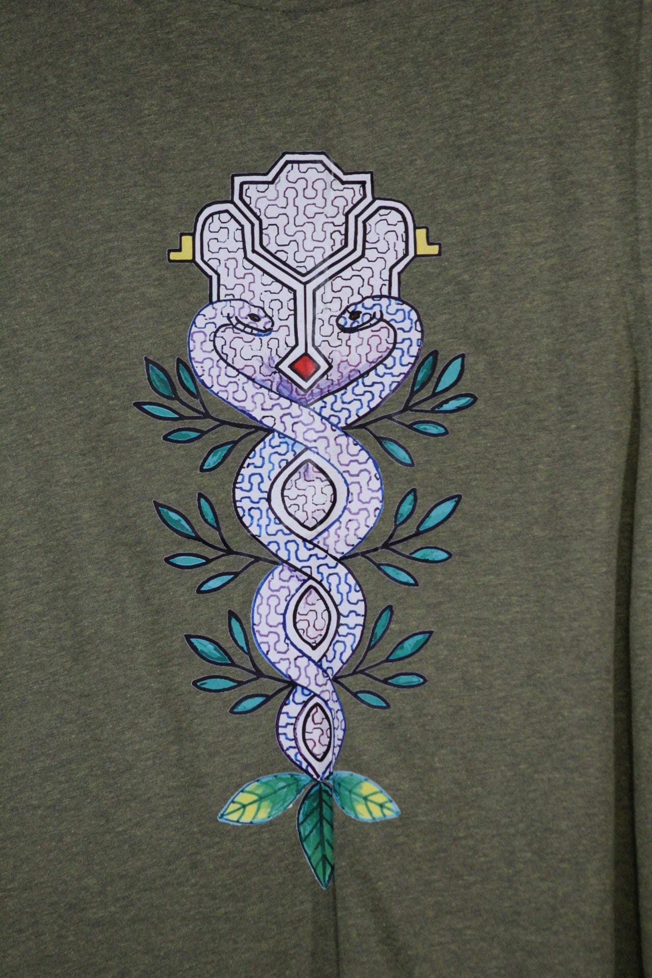 Mens Tank Top in Green with Colored Sacred Serpent Screenprint 100% Cotton Sustainable