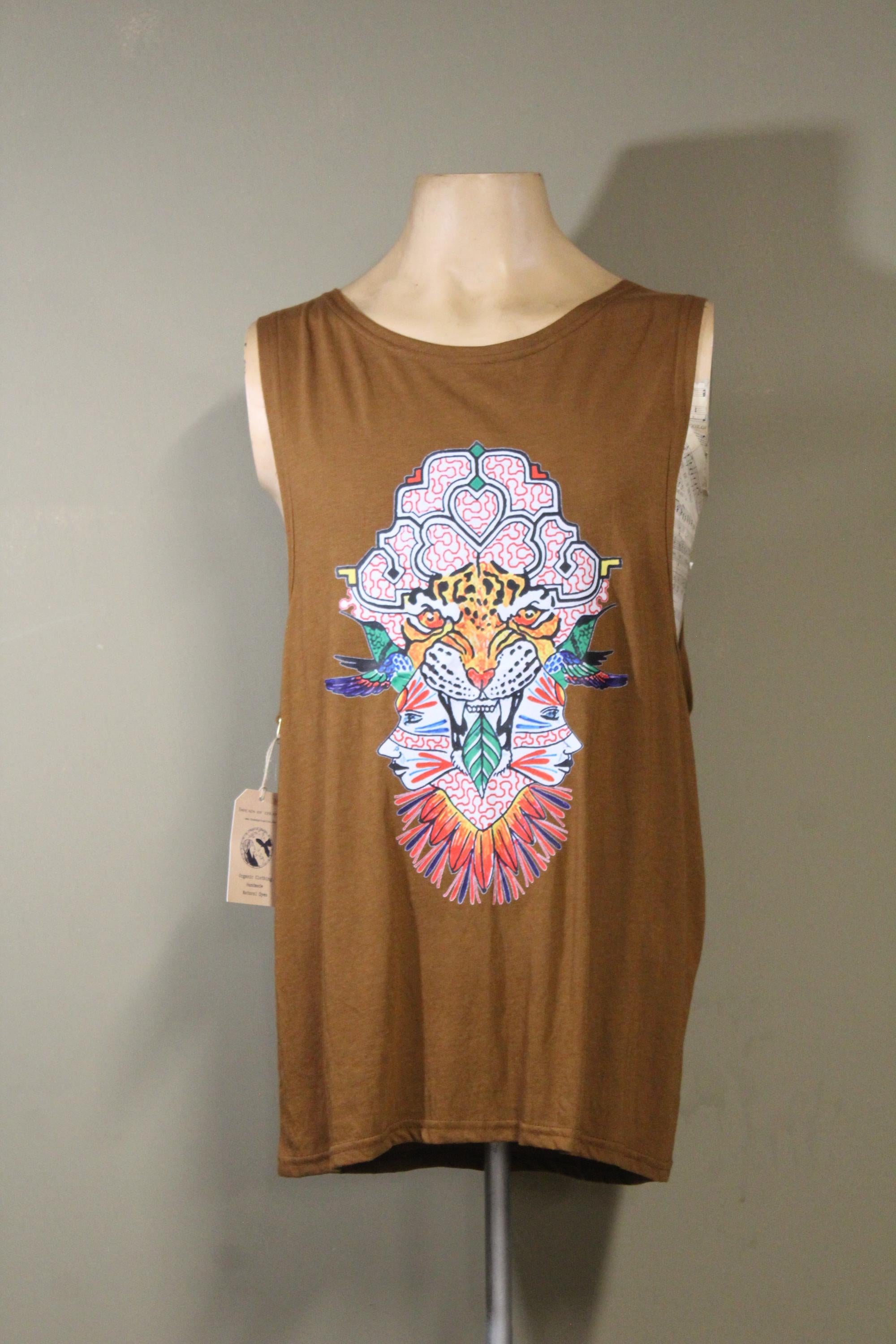 Mens Tank Top in Copper with Leopard Spirit Screenprint 100% Cotton Sustainable
