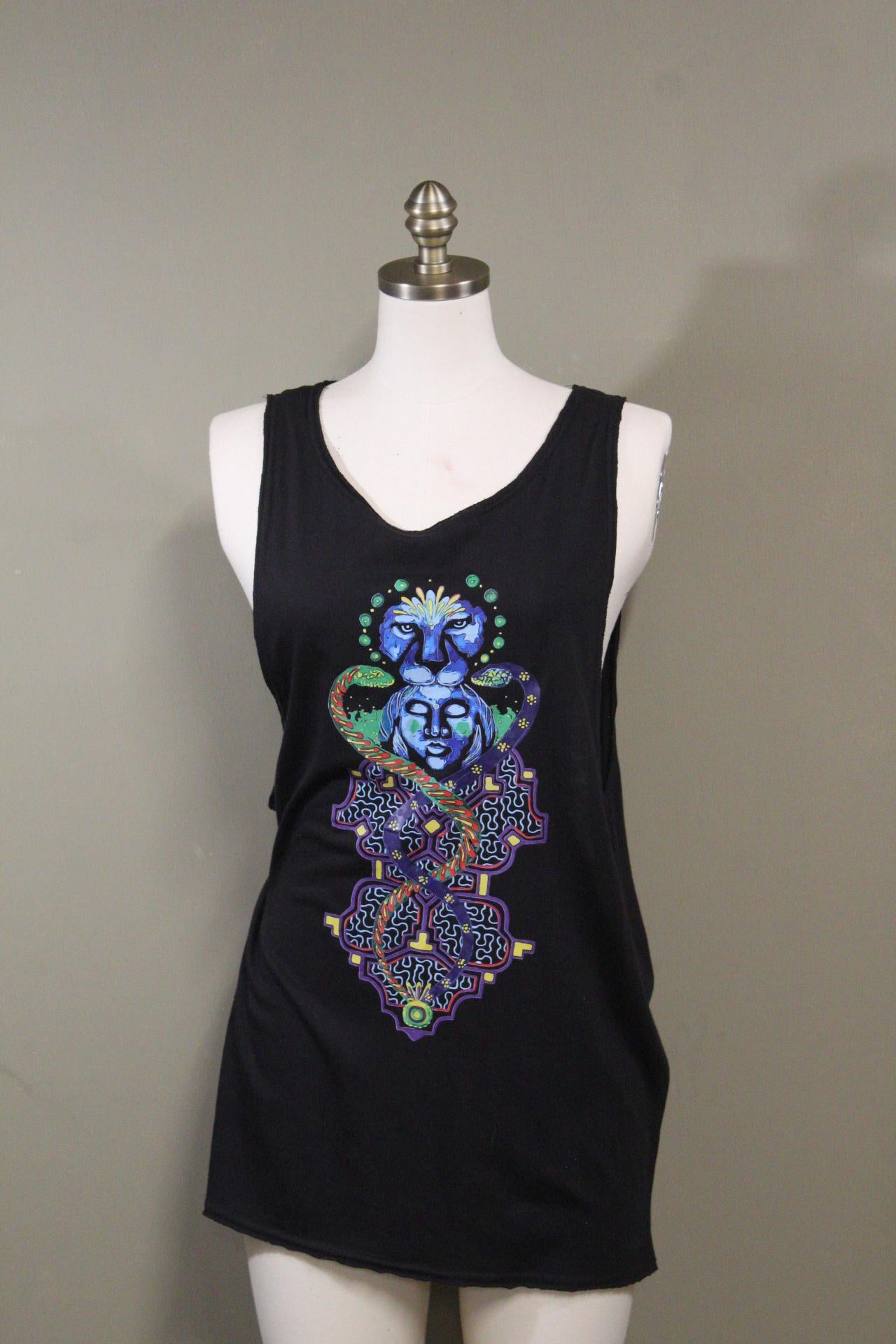 Mens Tank Top in Black with Jaguar Snake Goddess Shirt 100% Cotton Sustainable