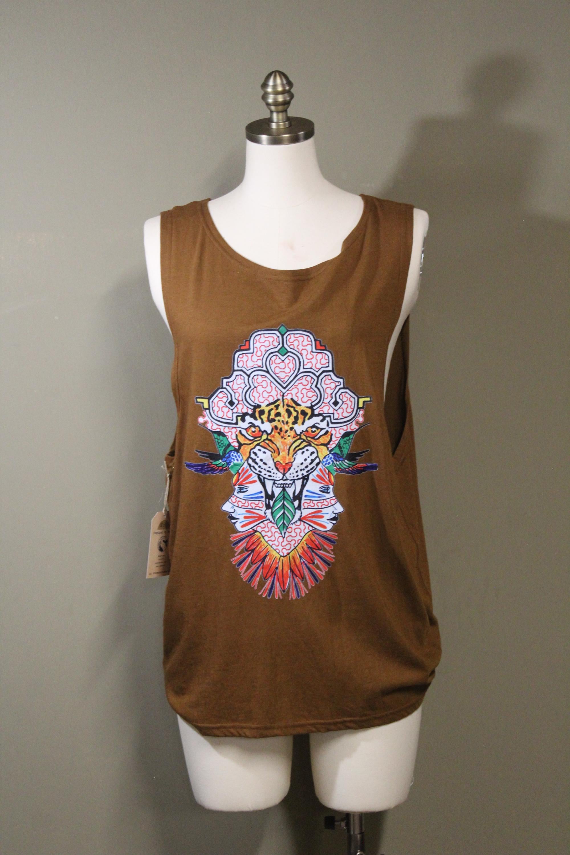 Mens Tank Top in Copper with Leopard Spirit Screenprint 100% Cotton Sustainable
