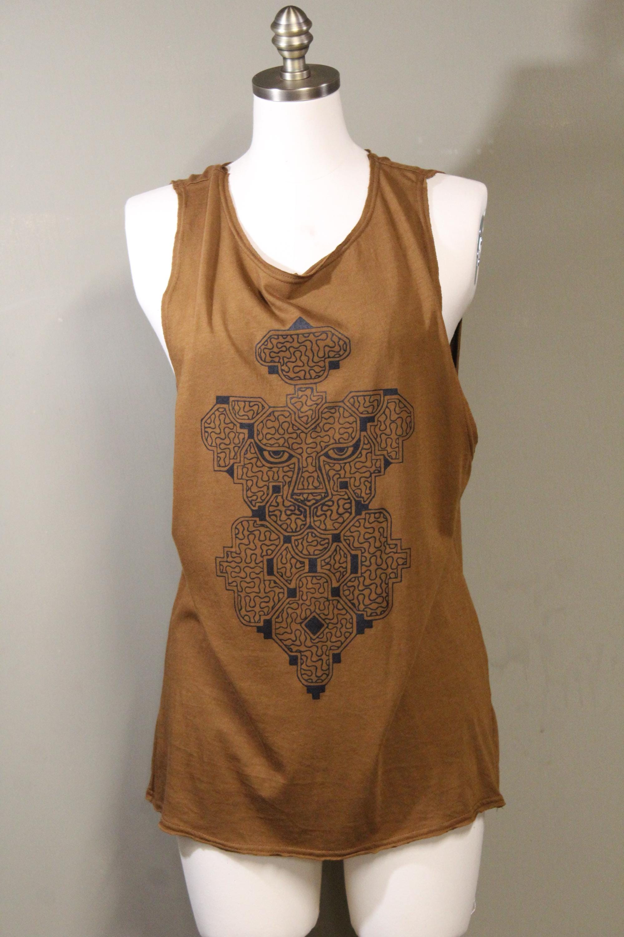 Mens Tank Top in Copper with Shipibo Jaguar Face Screenprint 100% Cotton Sustainable