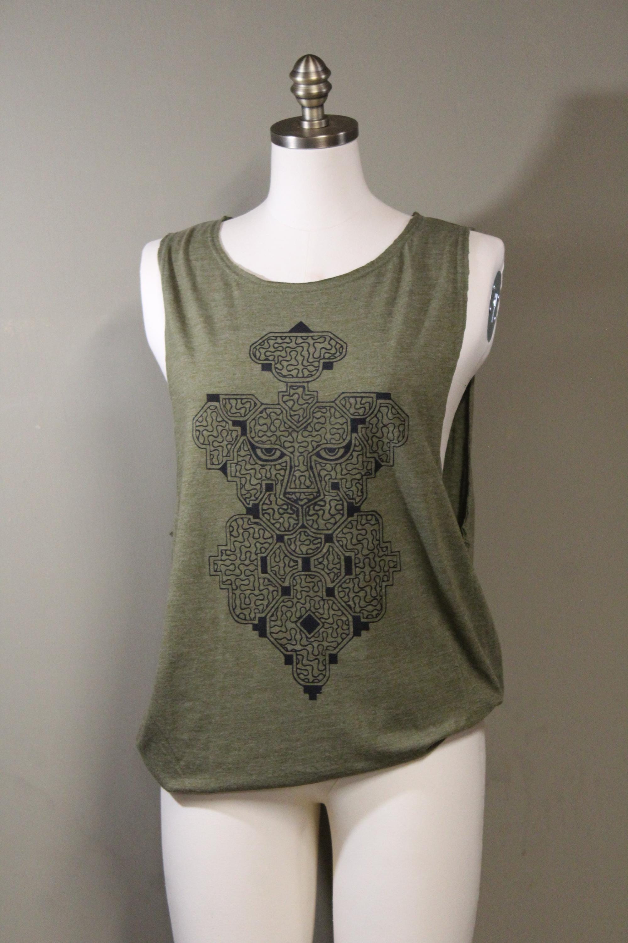 Mens Tank Top in Green with Shipibo Jaguar Screenprint 100% Cotton
