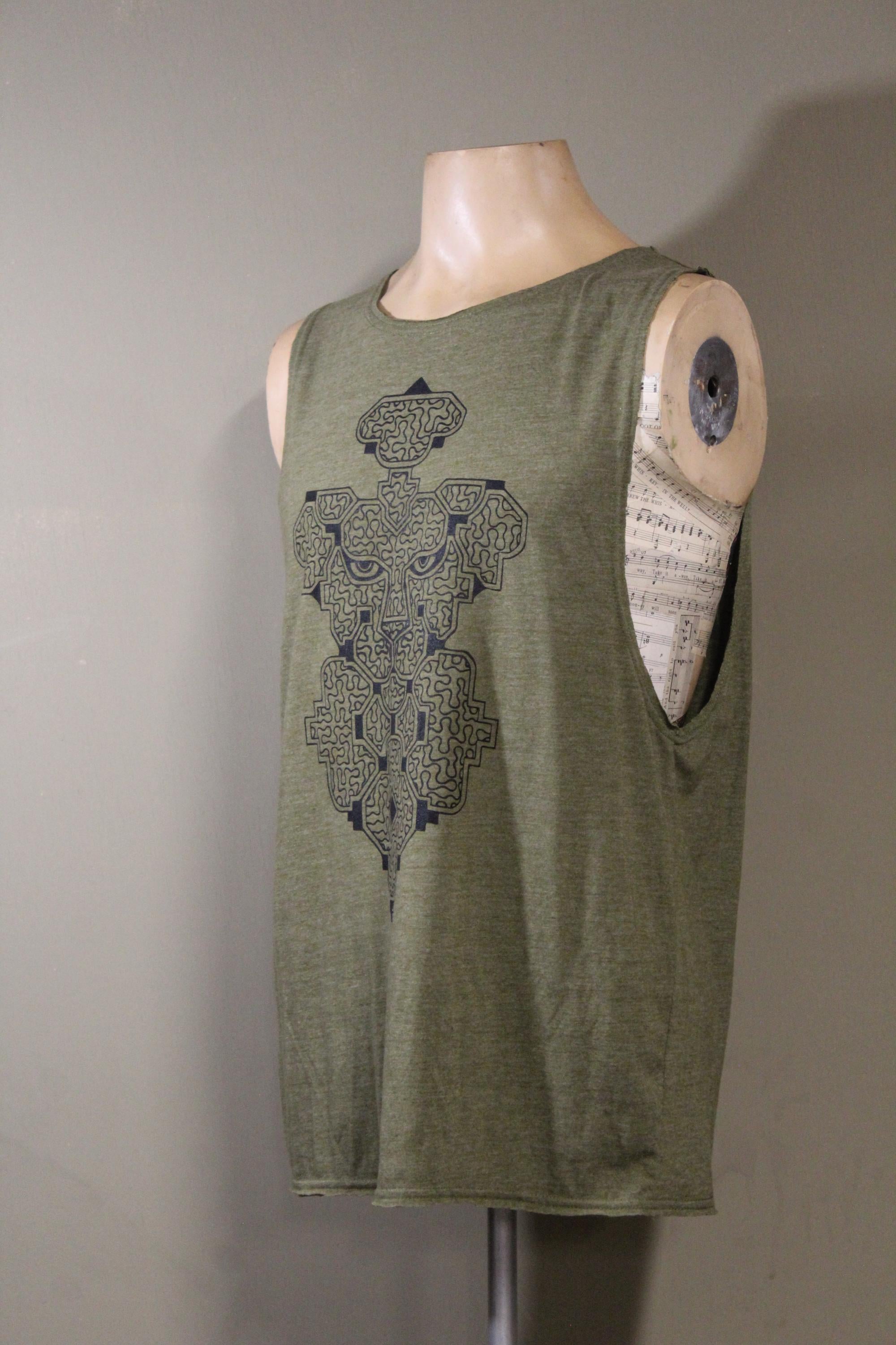 Mens Tank Top in Green with Shipibo Jaguar Screenprint 100% Cotton