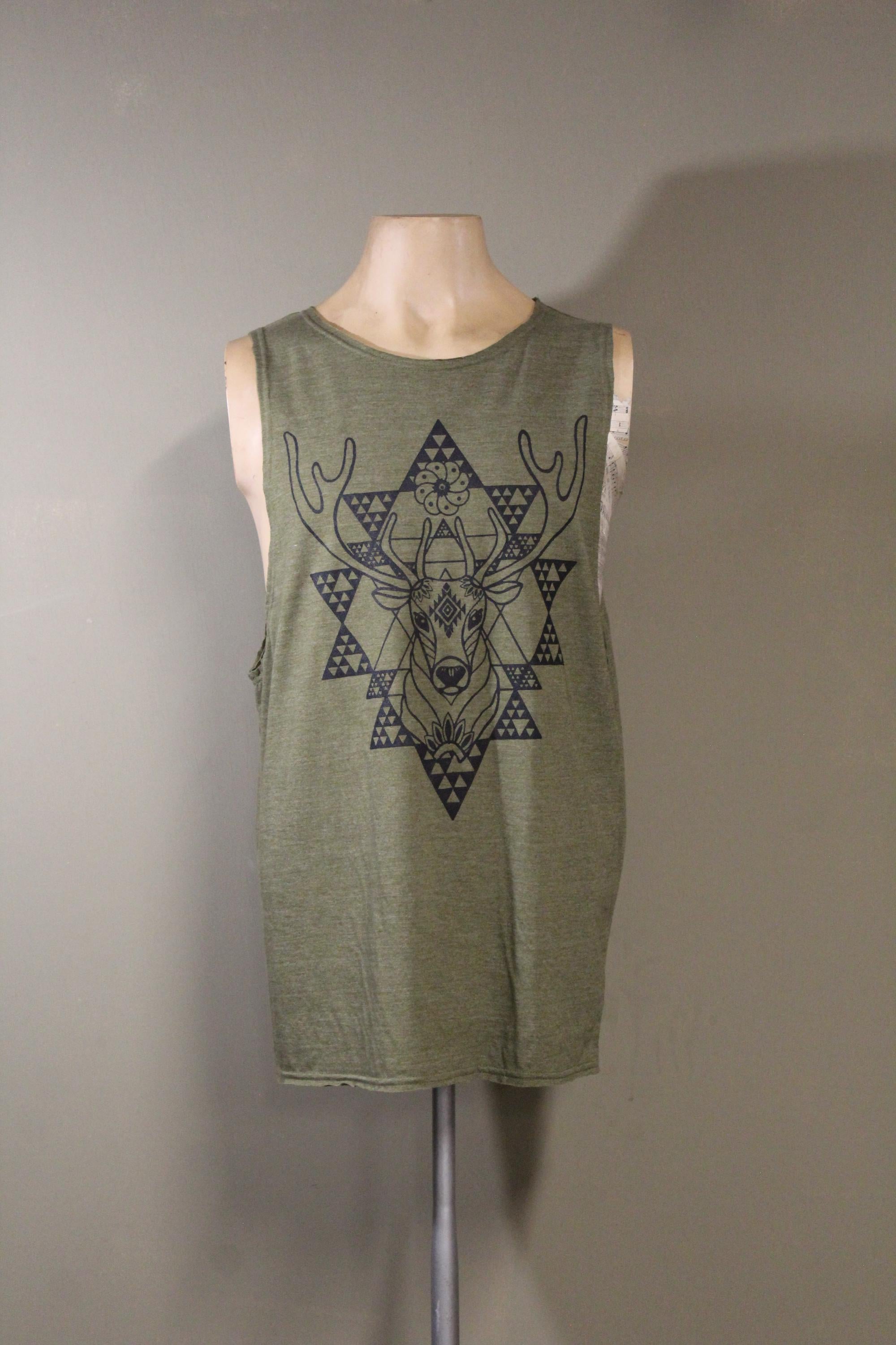 Mens Tank Top in Green with Peyote Stag Screenprint 100% Cotton Boho