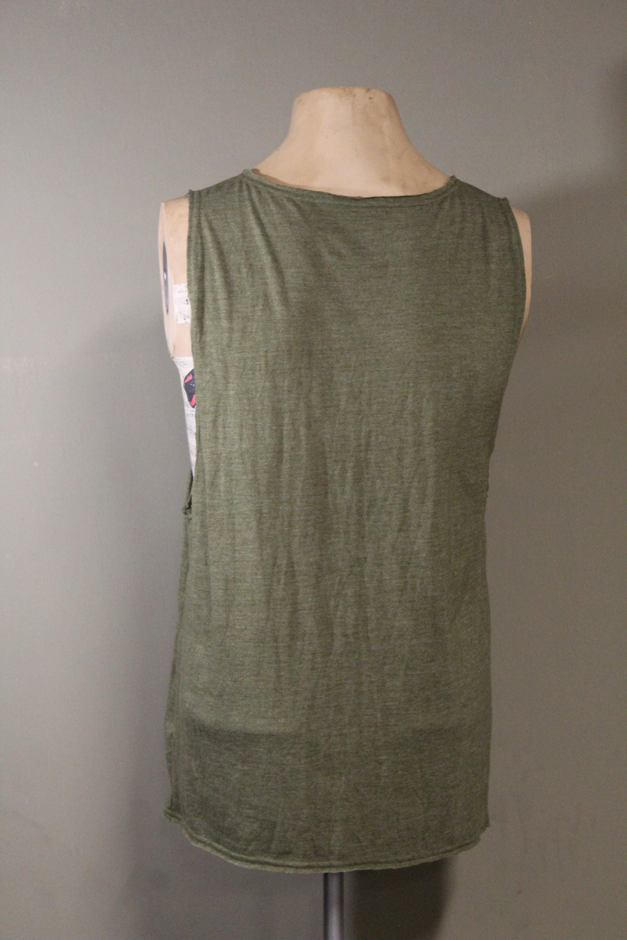 Mens Tank Top in Green with Peyote Stag Screenprint 100% Cotton Boho