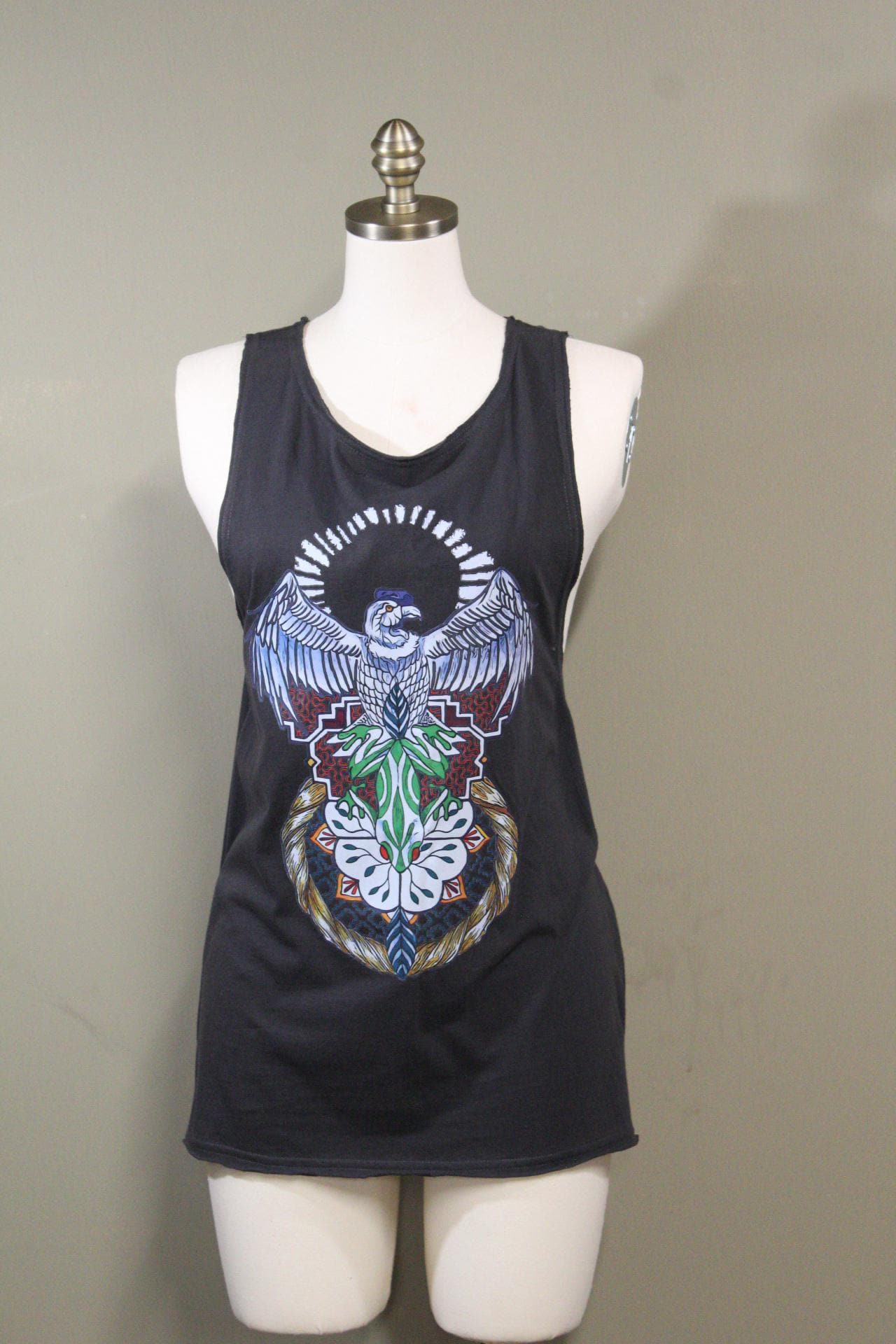 Mens Tank Top in Black with colorful Eagle DTF printed | 100% cotton upcycled fabric sustainable