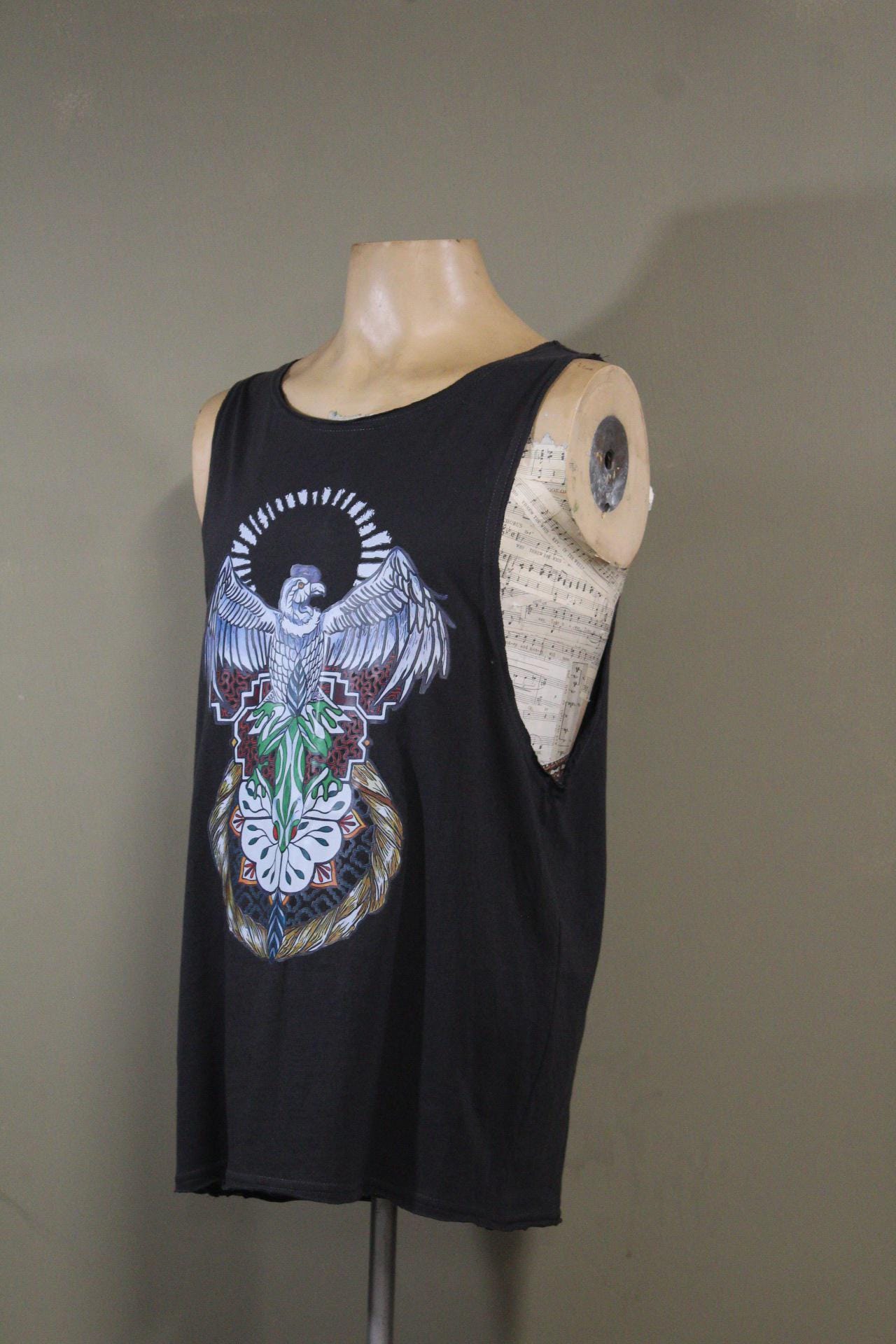 Mens Tank Top in Black with colorful Eagle DTF printed | 100% cotton upcycled fabric sustainable