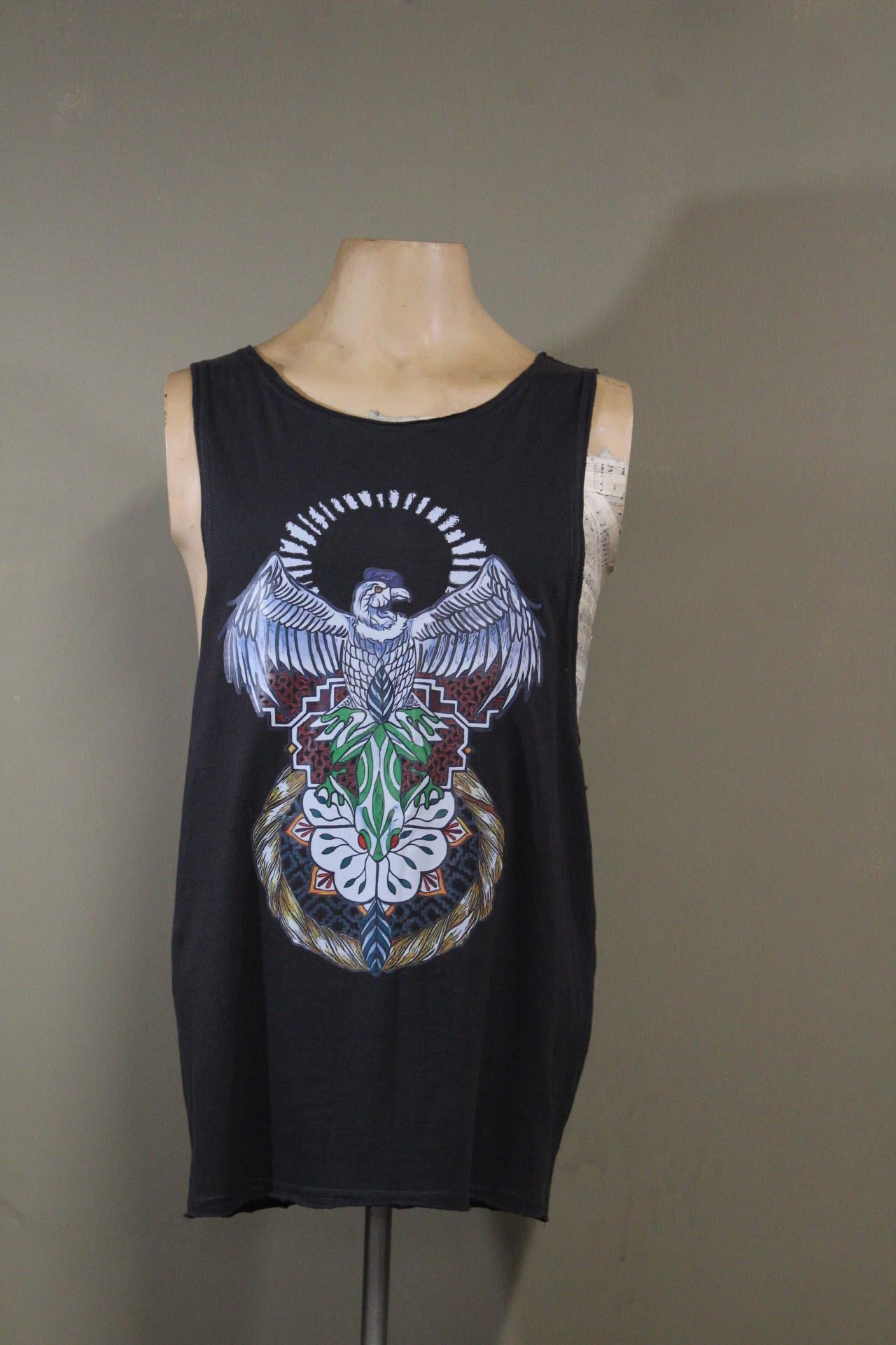 Mens Tank Top in Black with colorful Eagle DTF printed | 100% cotton upcycled fabric sustainable