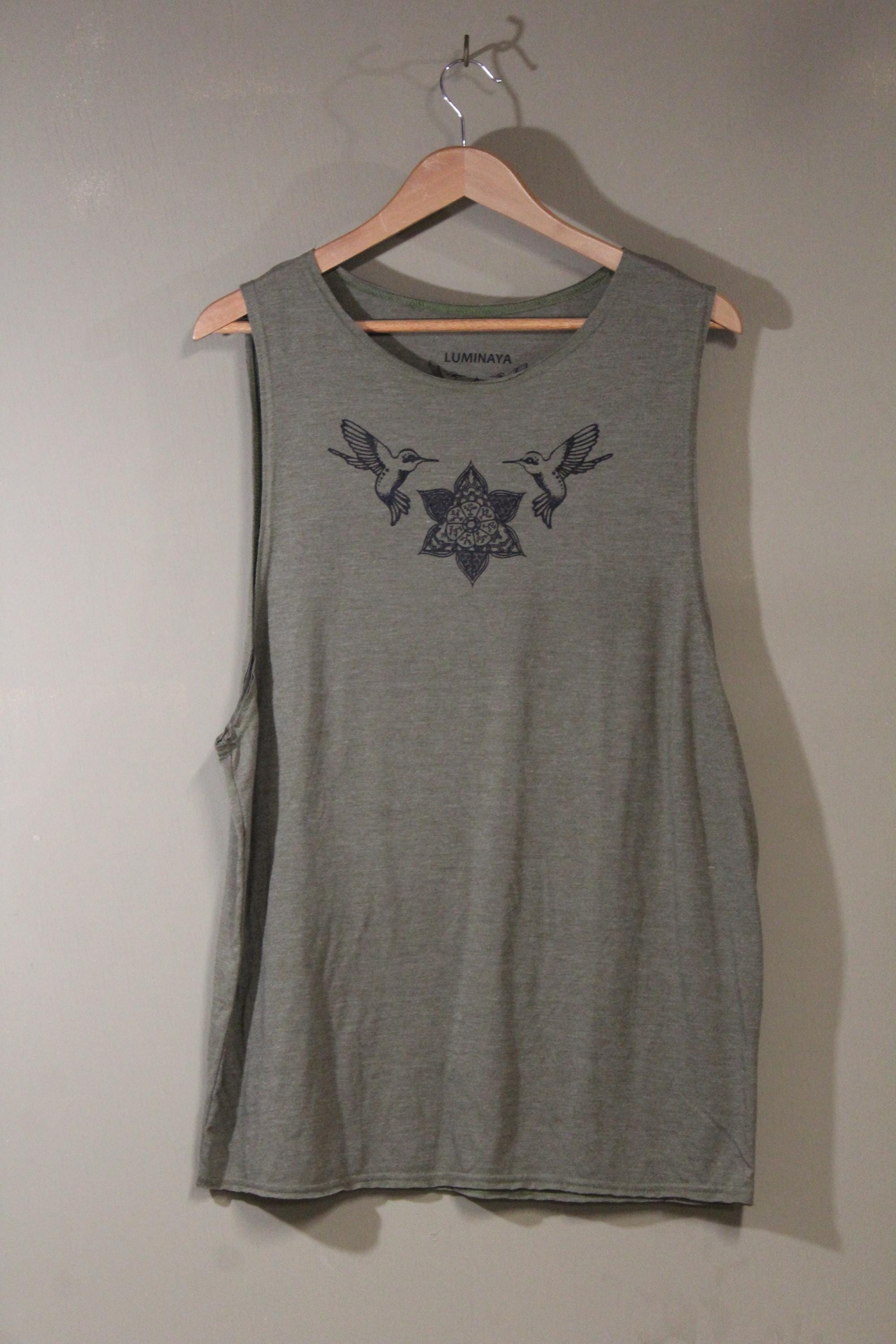 Mens Tank Top in Green with Screenprinted Hummingbird Mandala 100% Cotton Upcycled Fabric