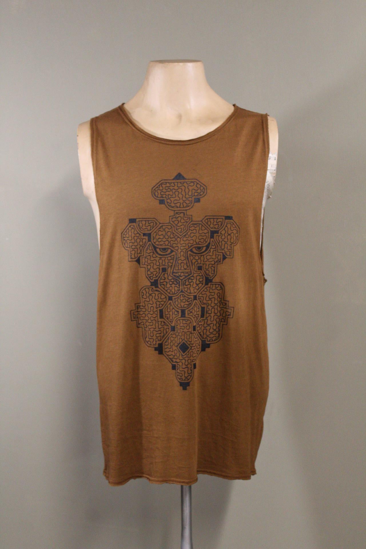 Mens Tank Top in Copper with Shipibo Jaguar Face Screenprint 100% Cotton Sustainable
