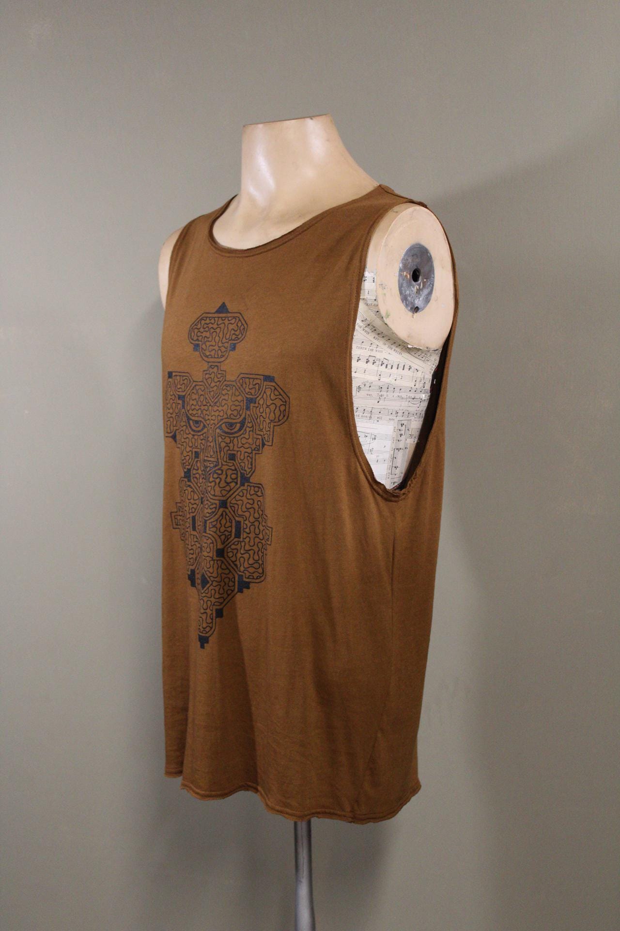 Mens Tank Top in Copper with Shipibo Jaguar Face Screenprint 100% Cotton Sustainable