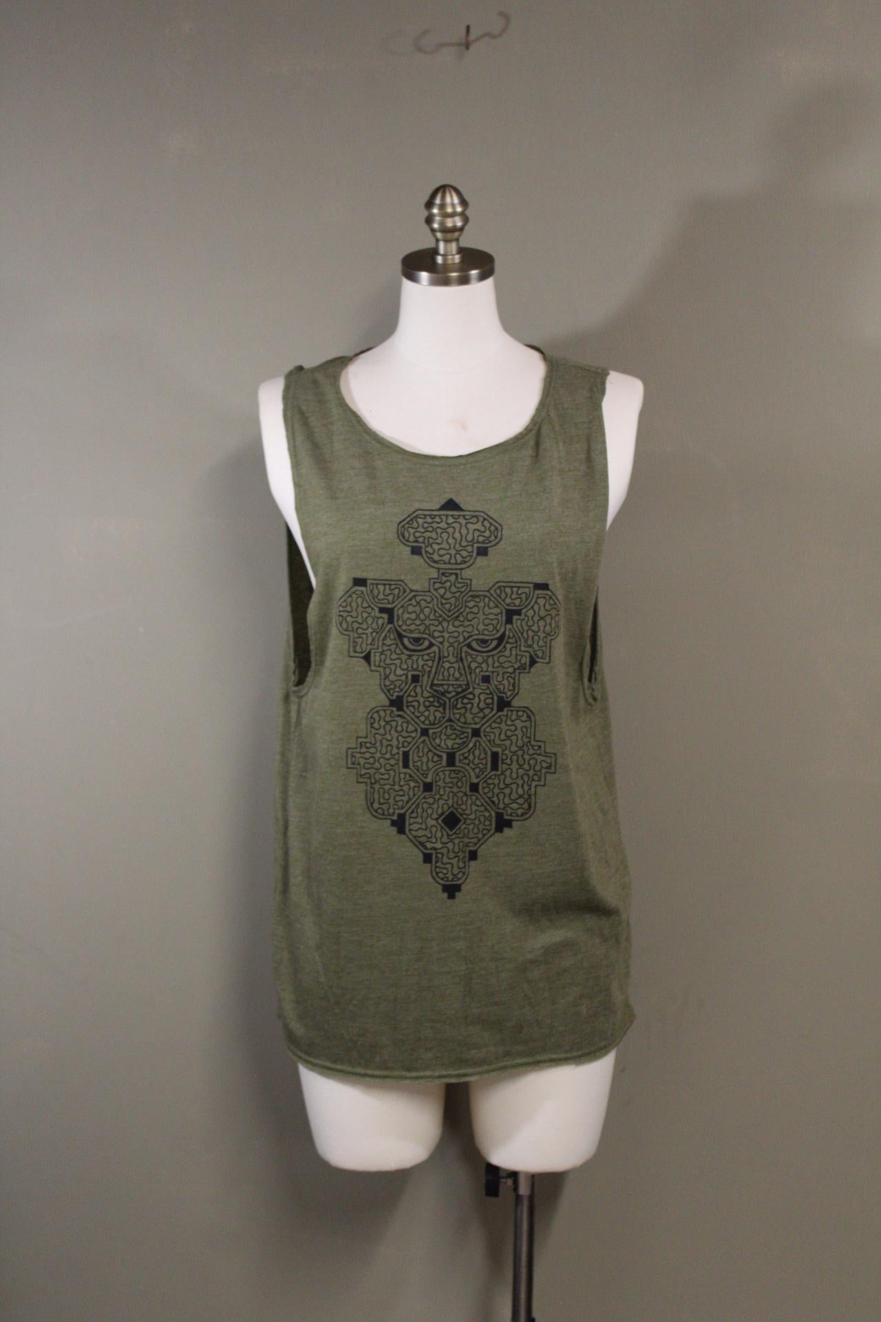 Mens Tank Top in Green with Shipibo Jaguar Screenprint 100% Cotton