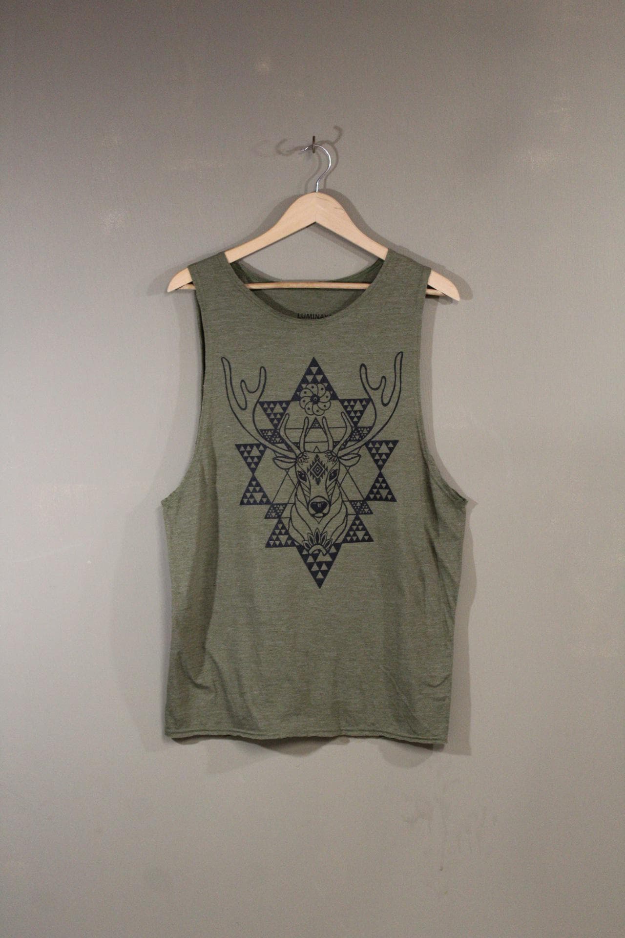 Mens Tank Top in Green with Peyote Stag Screenprint 100% Cotton Boho